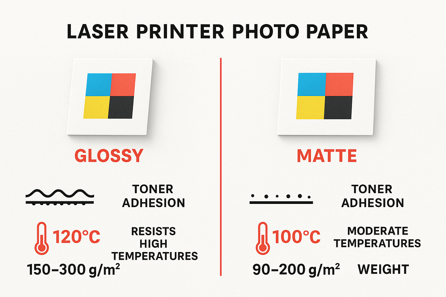 Comparison of laser printer photo paper types showing how different papers handle toner adhesion, with glossy and matte options compared side by side, including temperature resistance properties and typical weight ranges for each type - best paper for printing photos on laser printer infographic 