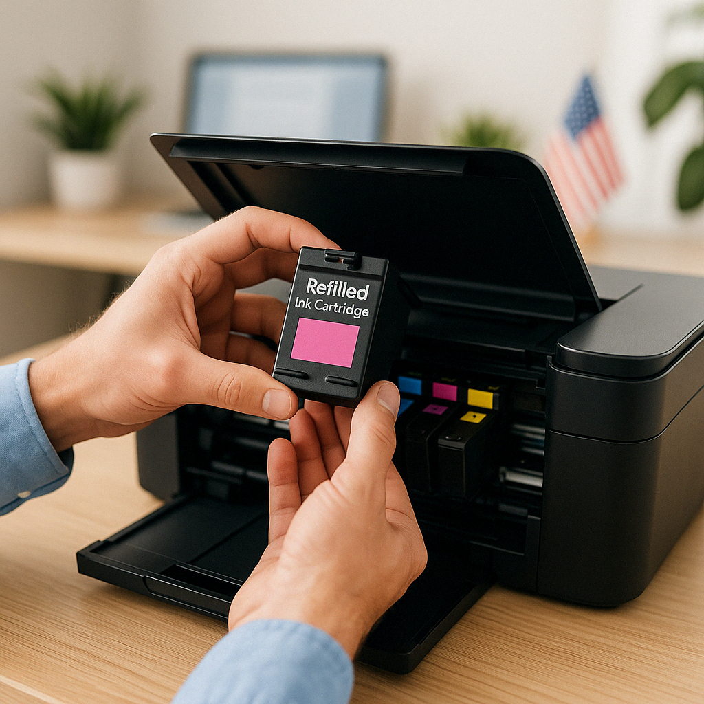 Properly refilled cartridge being installed in printer - printer cartridge refill