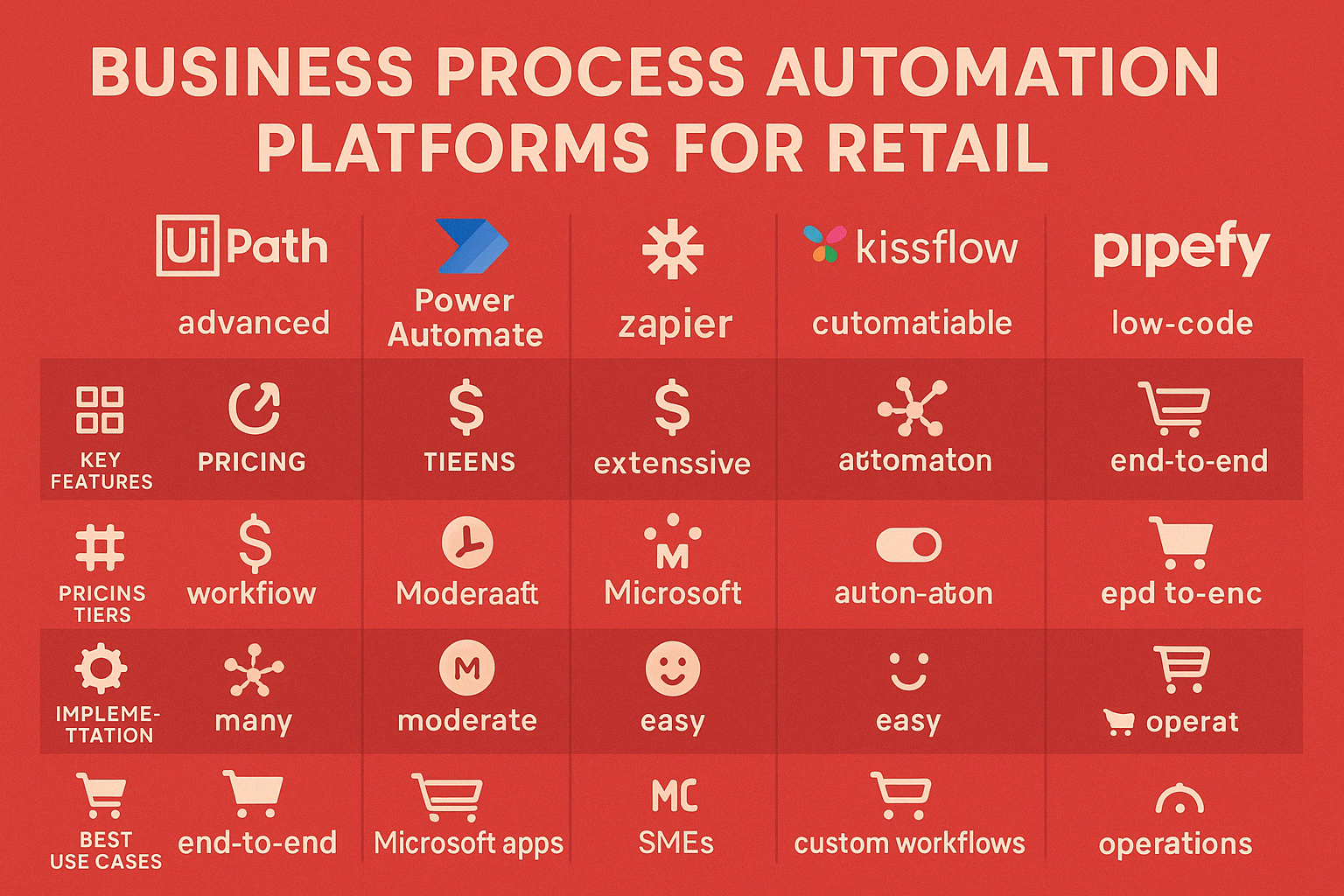 Comprehensive comparison of business process automation platforms showing key features, pricing tiers, integration capabilities, implementation difficulty, and best use cases for retail businesses - business process automation platforms infographic 