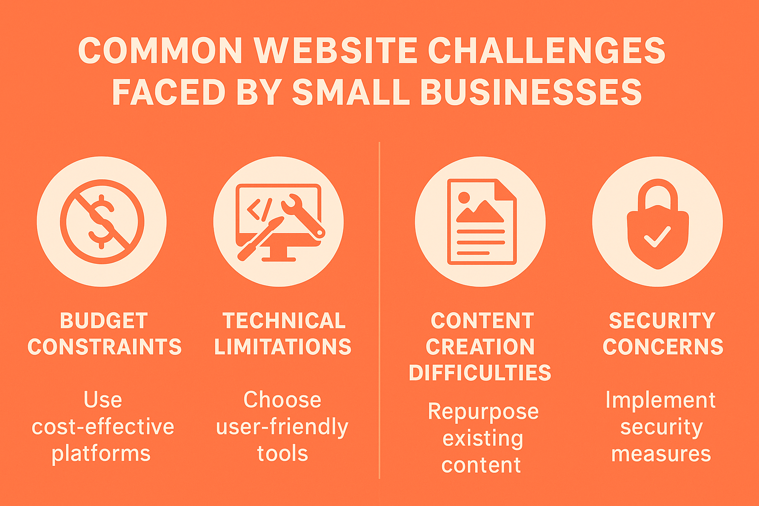 Infographic showing common website challenges faced by small businesses and their solutions, including budget constraints, technical limitations, content creation difficulties, and security concerns - small business website support infographic 