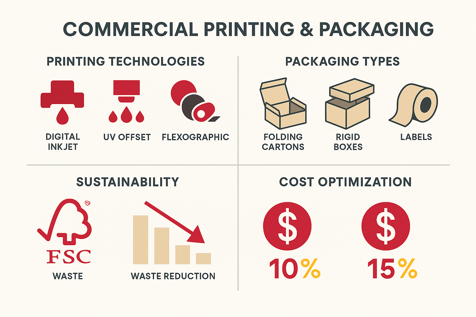 Infographic showing commercial printing and packaging industry overview including: key printing technologies (digital inkjet, UV offset, flexographic, conventional offset), packaging types (folding cartons, rigid boxes, labels, POP displays), sustainability metrics (FSC certification, waste reduction), and cost optimization strategies - commercial printing and packaging infographic