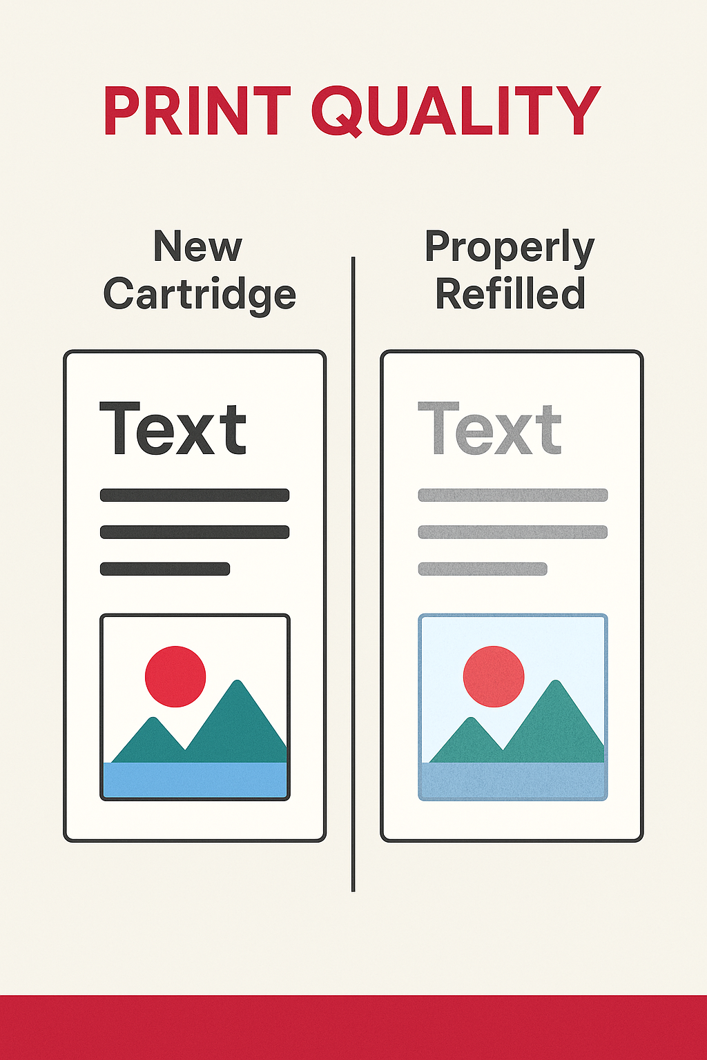 Comparison of print quality between new and properly refilled cartridges - printer cartridge refill infographic 