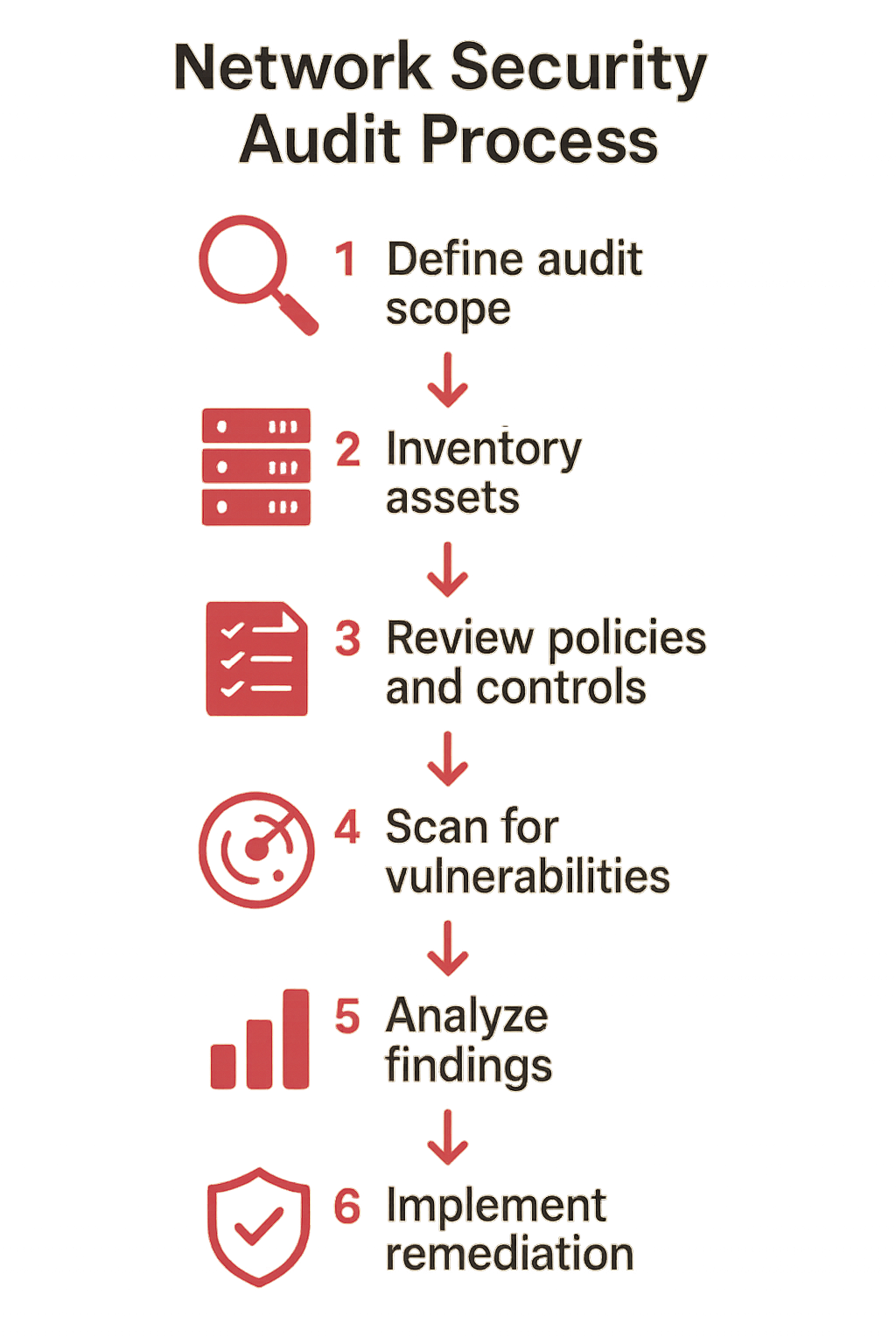 Network security audit process showing the 6 key steps: 1) Define audit scope, 2) Inventory assets, 3) Review policies and controls, 4) Scan for vulnerabilities, 5) Analyze findings, 6) Implement remediation - network security audit infographic 