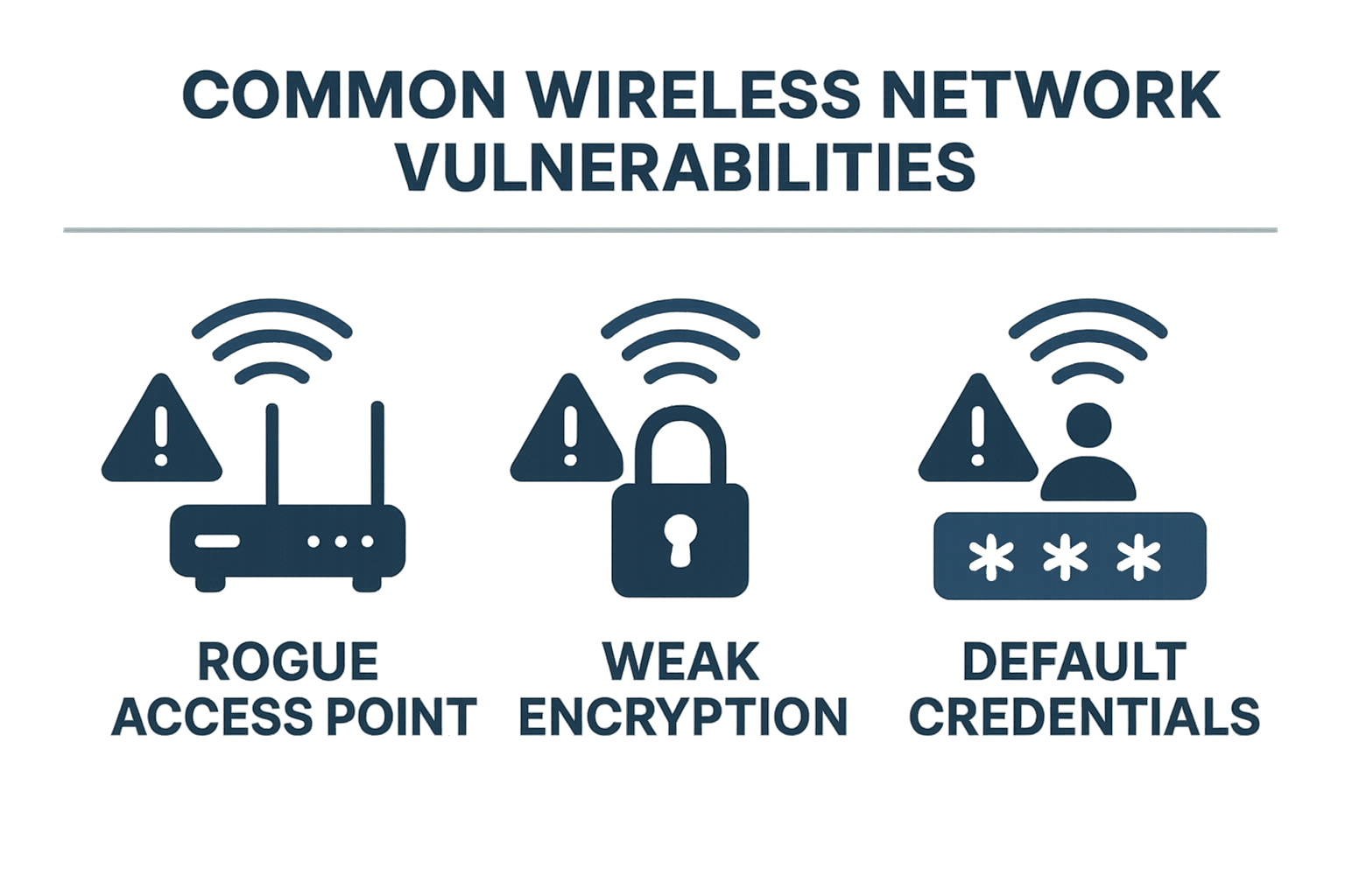 common wireless network vulnerabilities including rogue access points, weak encryption, and default credentials - wireless network security assessment