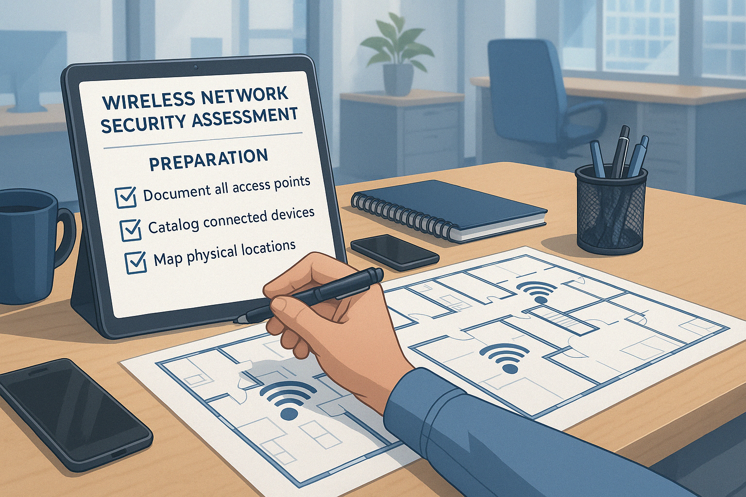 preparation steps for wireless network security assessment showing documentation and planning - wireless network security assessment