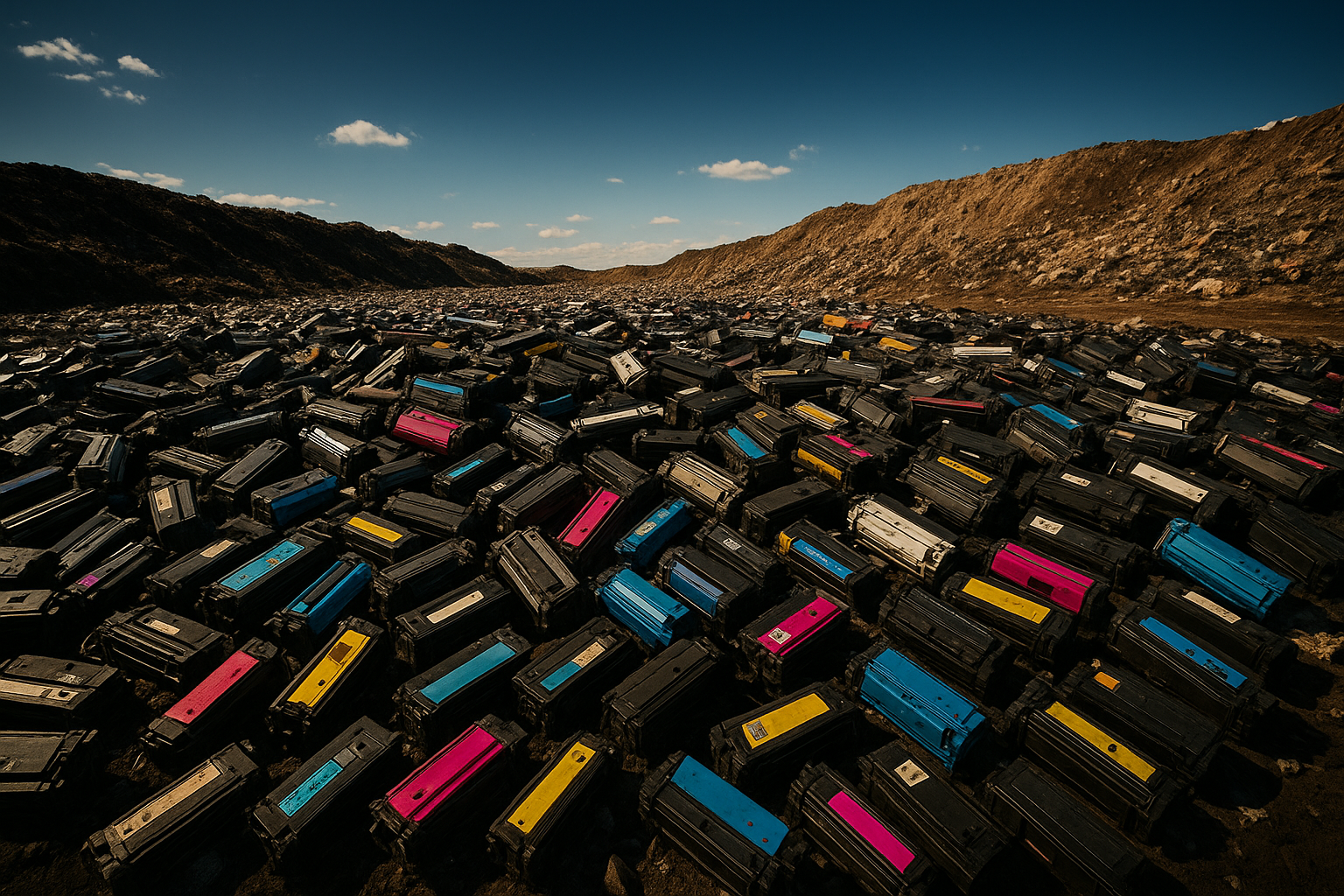 Landfill with discarded printer cartridges - printer cartridge refill