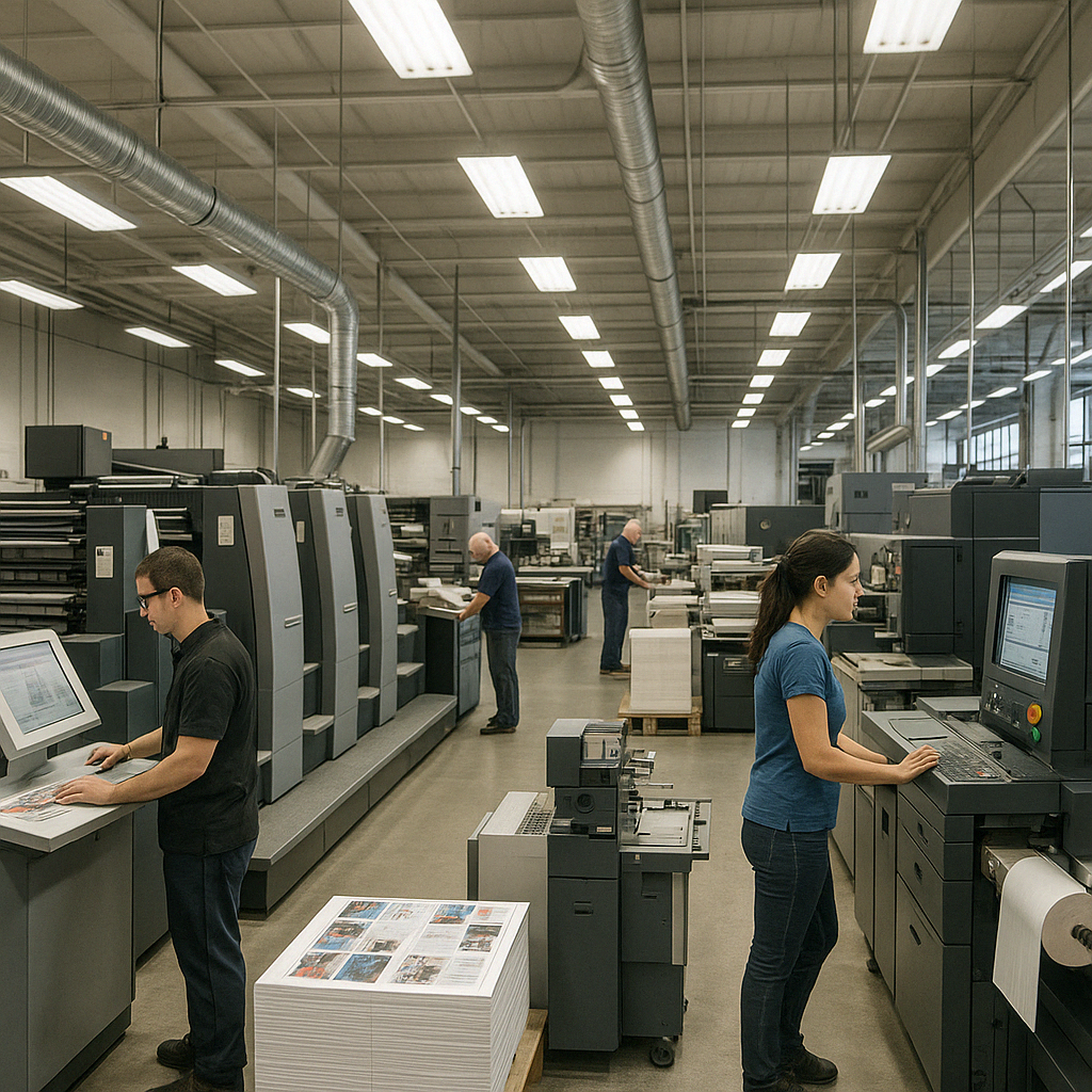 Modern printing facility with diverse equipment illustrating industry complexity - commercial printing and packaging