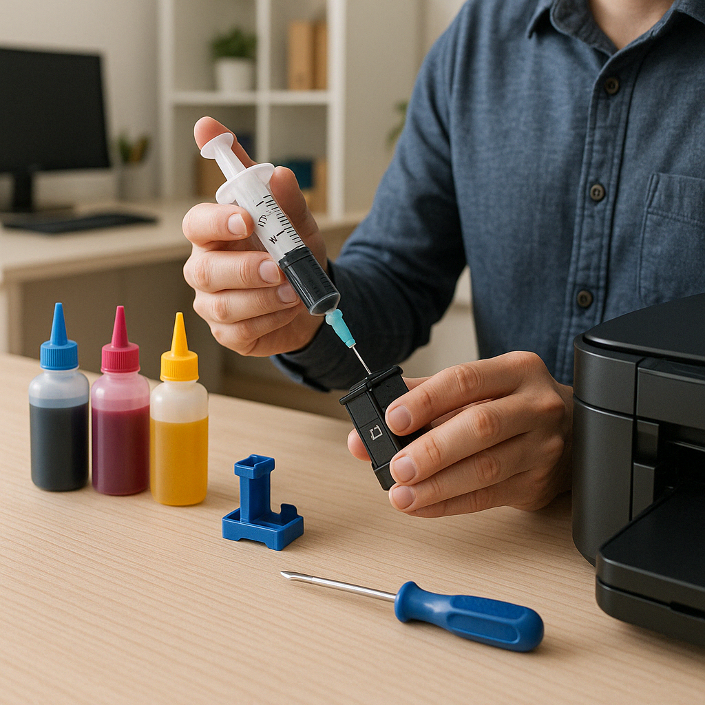 Person refilling a printer cartridge with proper tools - printer cartridge refill