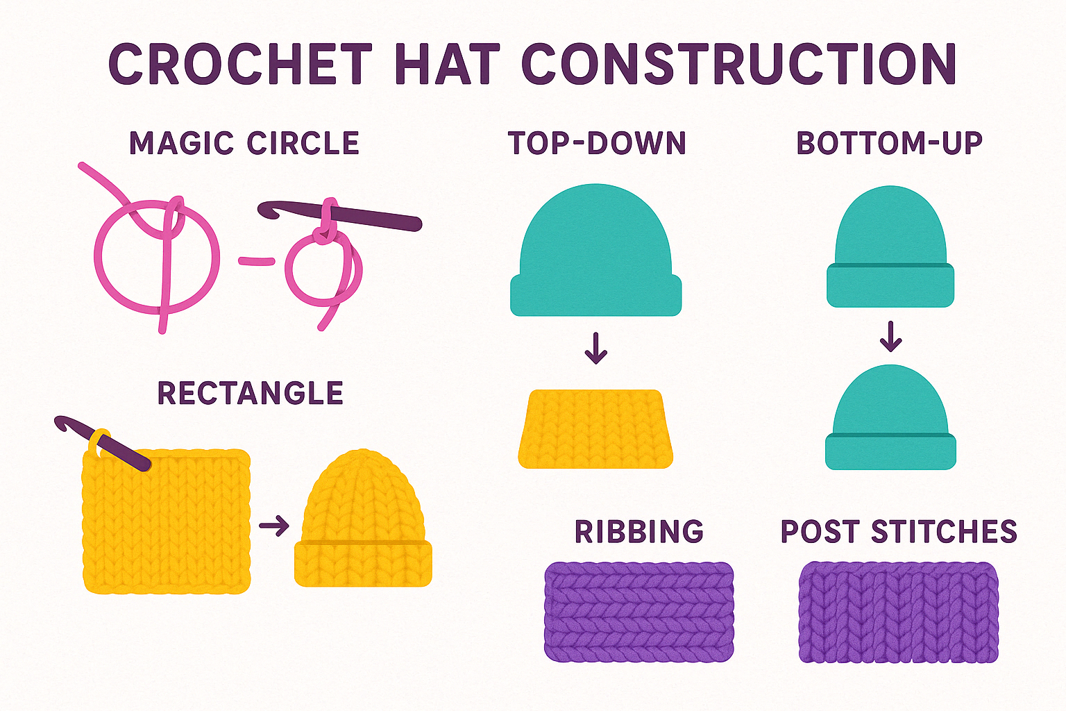 Illustration of different crochet hat construction methods - crochet hats tutorial infographic