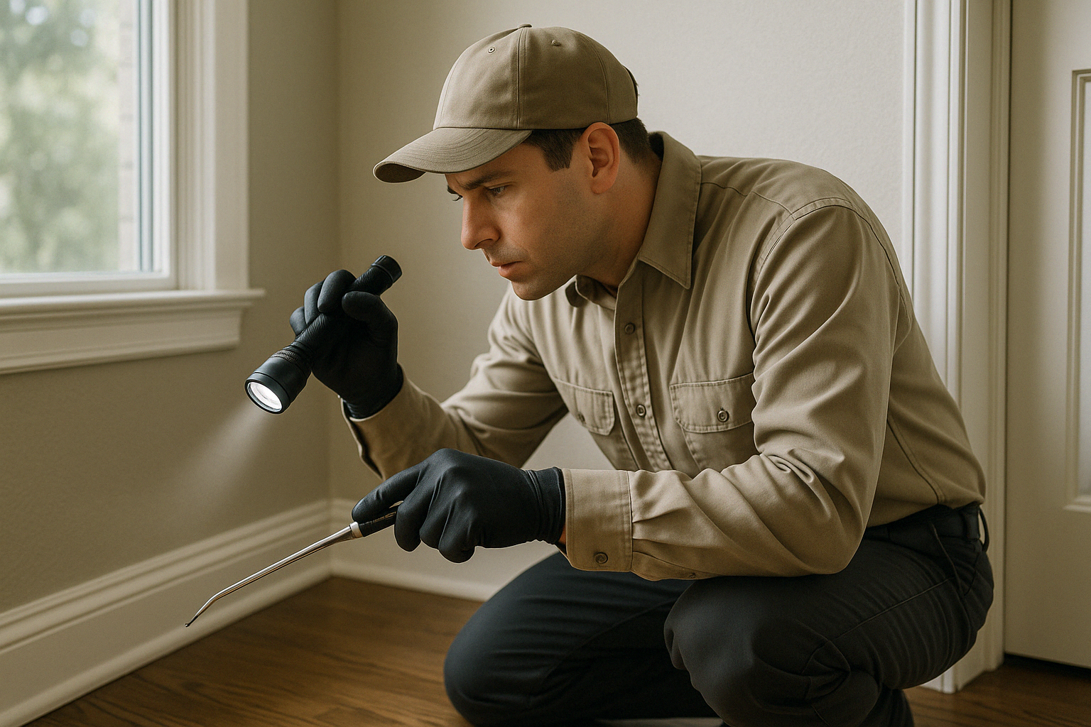 Pest control technician inspecting a home for infestation signs - affordable exterminator