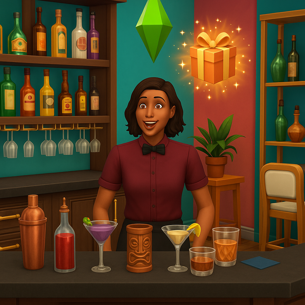 Sim receiving promotion rewards in the Mixology career - mixology career sims 4
