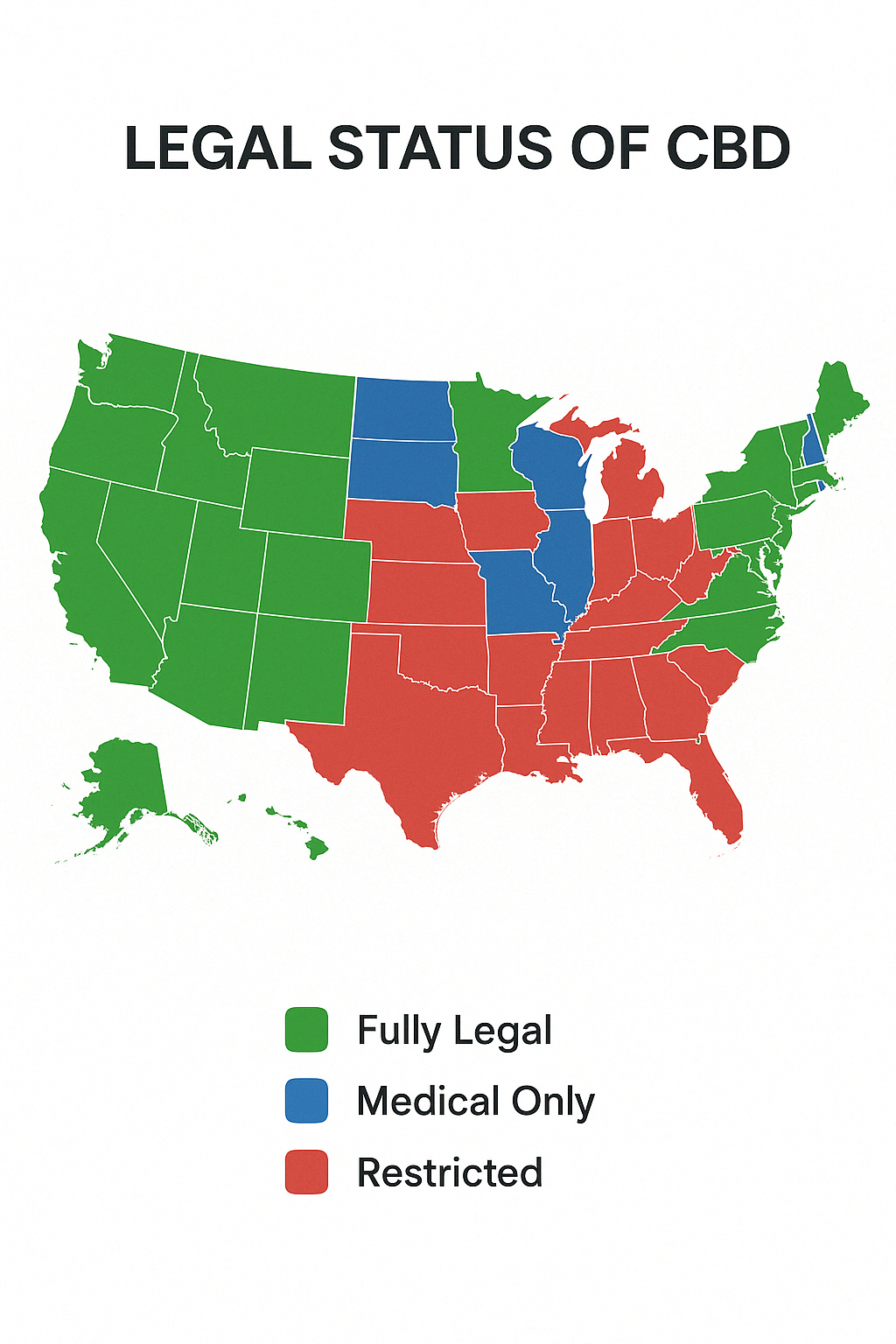 Infographic showing legal status of CBD across different US states with color coding for fully legal, medical only, and restricted states - Buy CBD capsules USA infographic 