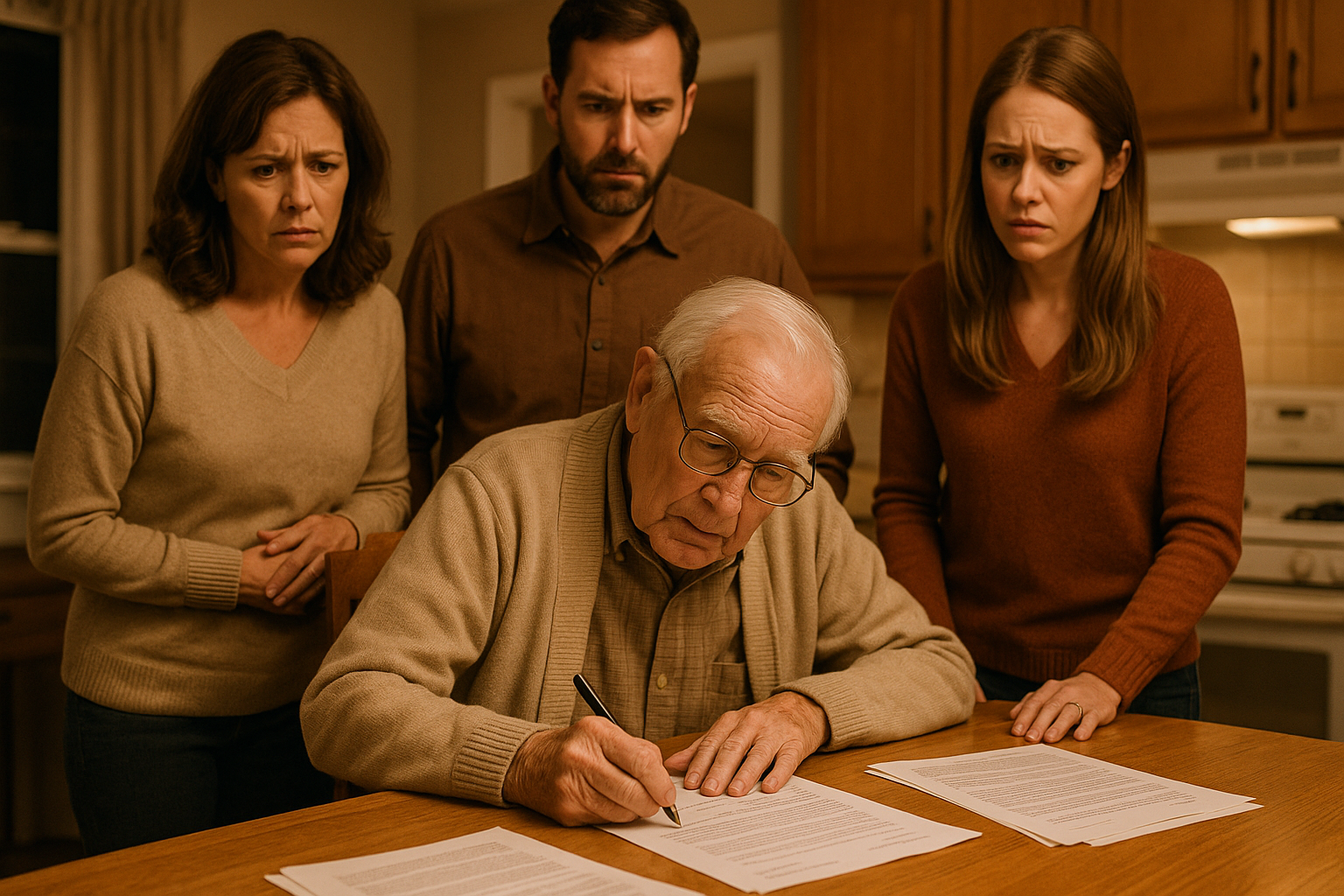 elderly person signing documents with family members looking concerned - Estate litigation attorney