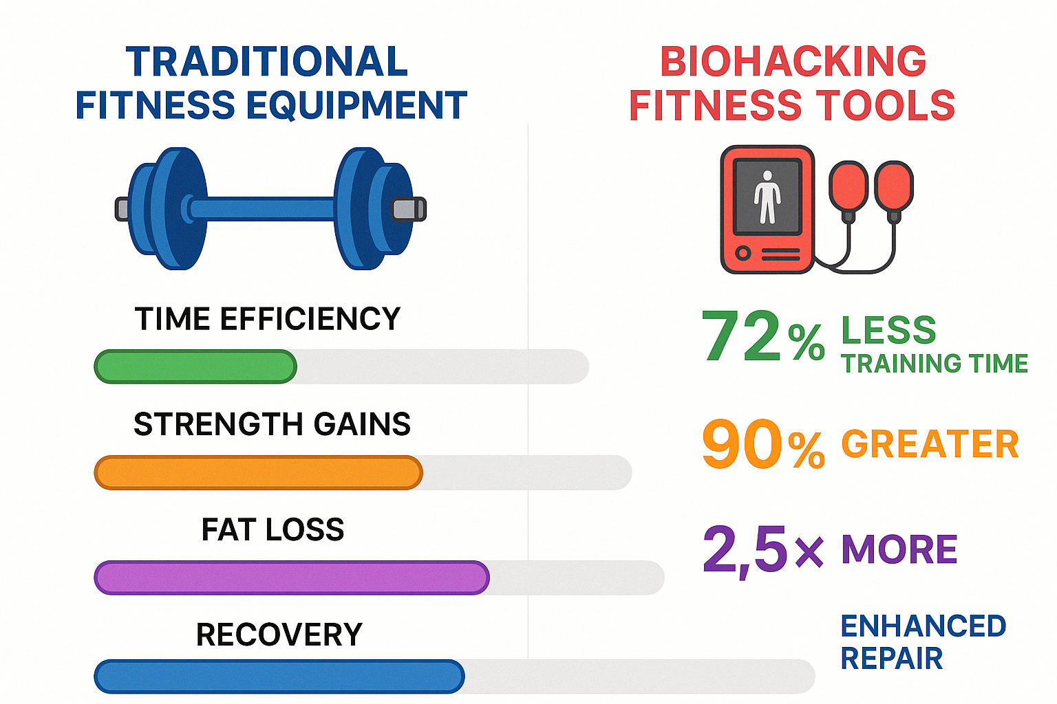 Comparison of traditional fitness equipment vs biohacking fitness tools showing time efficiency, strength gains, fat loss metrics, and recovery benefits across different equipment types - biohacking fitness equipment infographic 