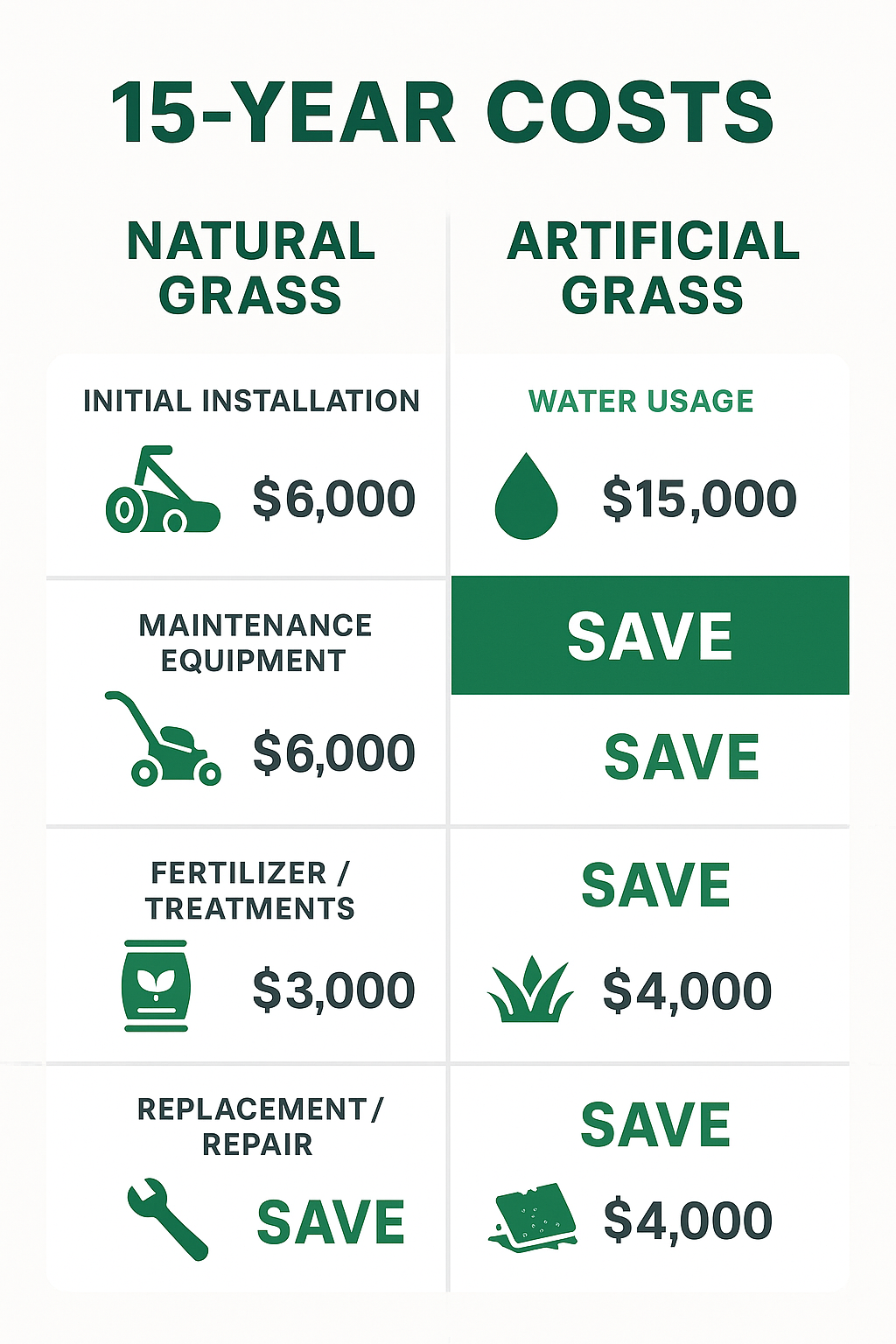 Infographic comparing 15-year costs of natural grass vs artificial grass, showing initial installation, water costs, equipment, fertilizer and treatments, and replacement/repair costs - artificial grass estimate cost infographic 