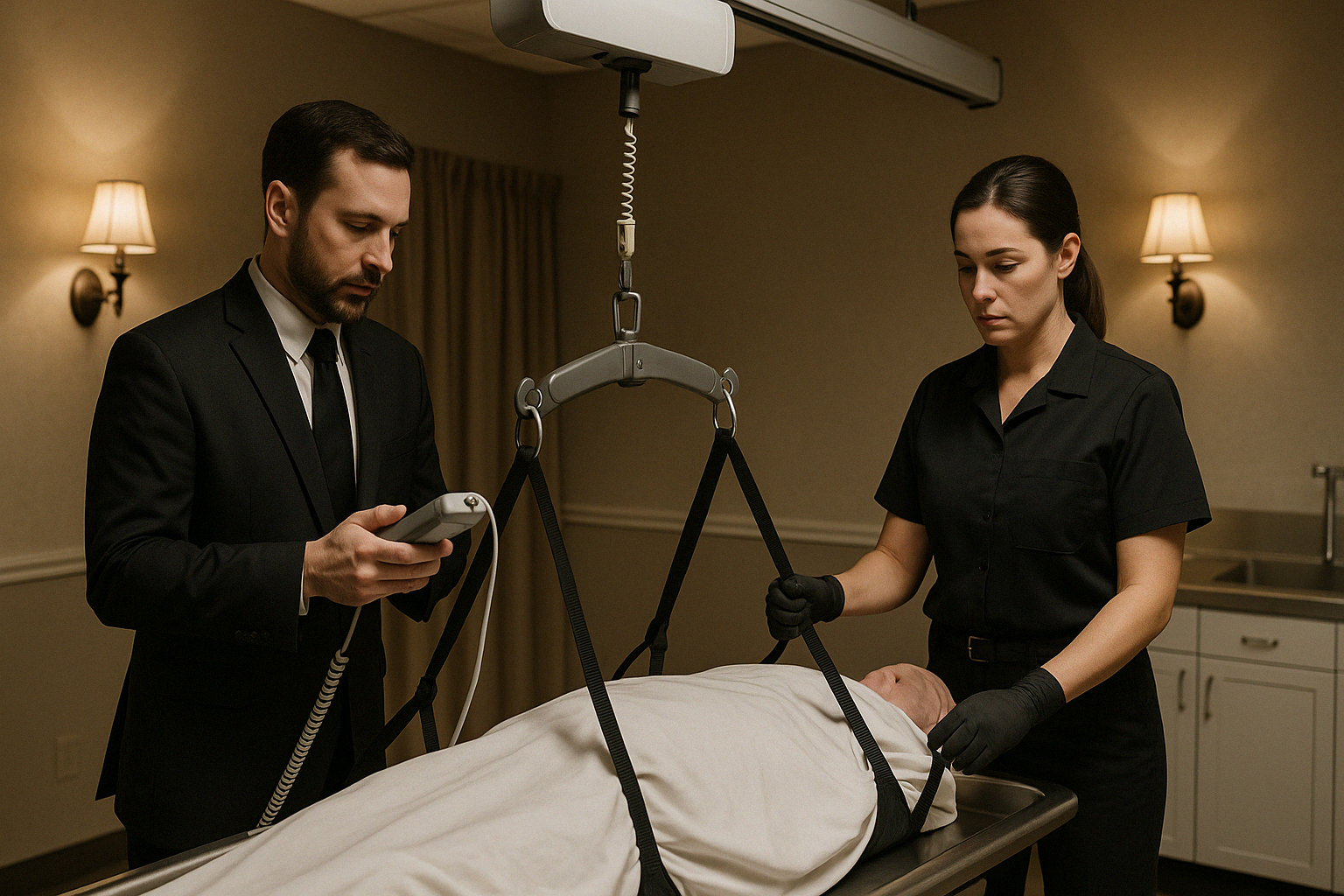 mortuary staff using ceiling lift system - mortuary ceiling lift