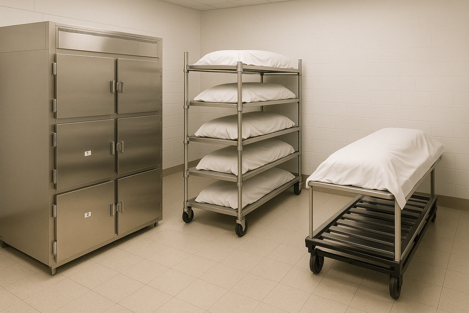 Various types of mortuary storage solutions including refrigerated cabinets, portable racks, and pallet systems - Mortuary storage solutions
