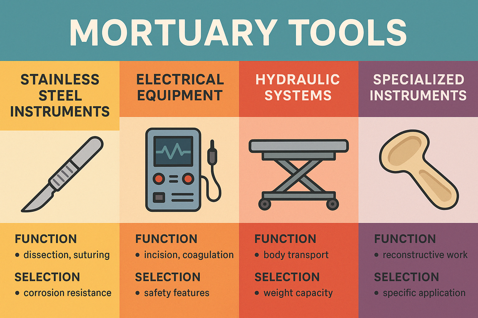 Infographic summarizing the essential categories of mortuary tools, their functions, and key selection criteria - mortuary tools infographic 
