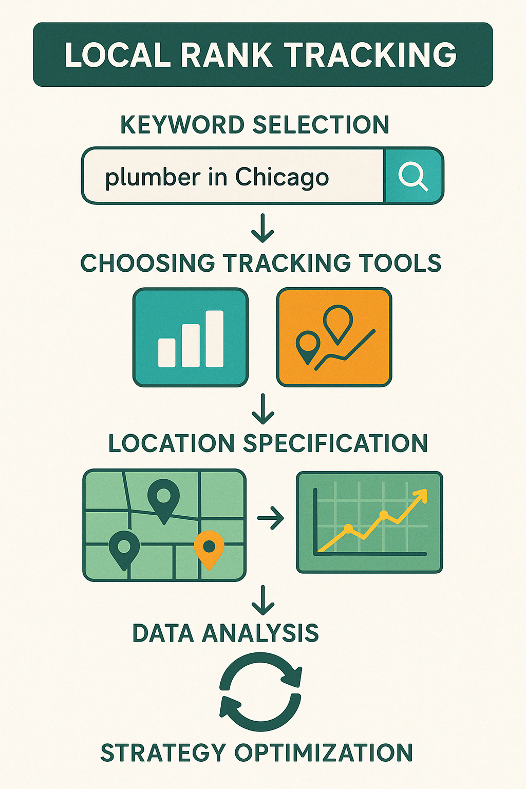 Comprehensive diagram showing the local rank tracking process including keyword selection, choosing tracking tools, location specification, data analysis, and strategy optimization - rank tracking for local keywords infographic 