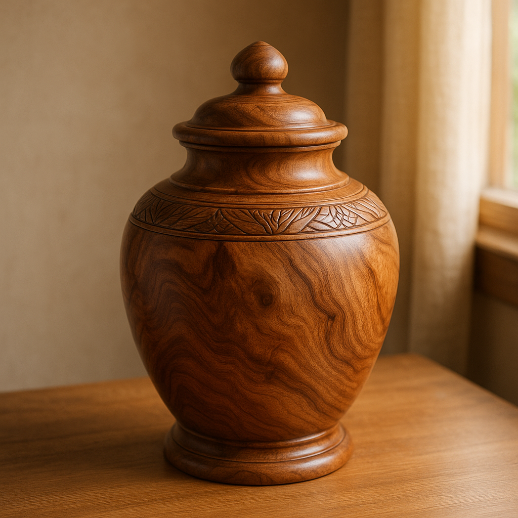 Handcrafted wooden urn with natural grain patterns and carved details - cremation urns