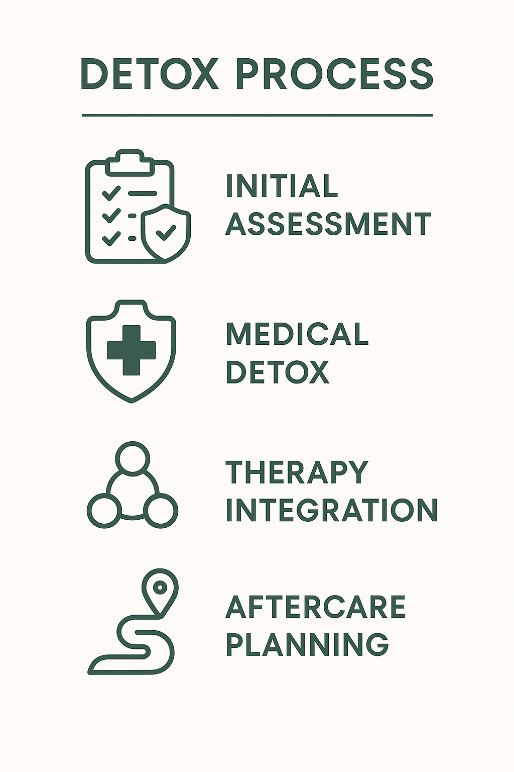 Steps in the detox process including assessment, medical detox, therapy integration, and aftercare planning - Laguna Beach detox center infographic 