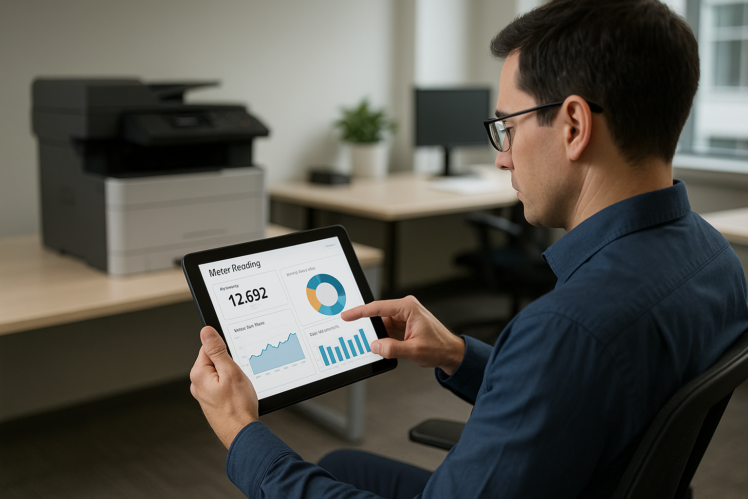 Technician analyzing meter reading data on tablet device - how to check meter reading on sharp printer
