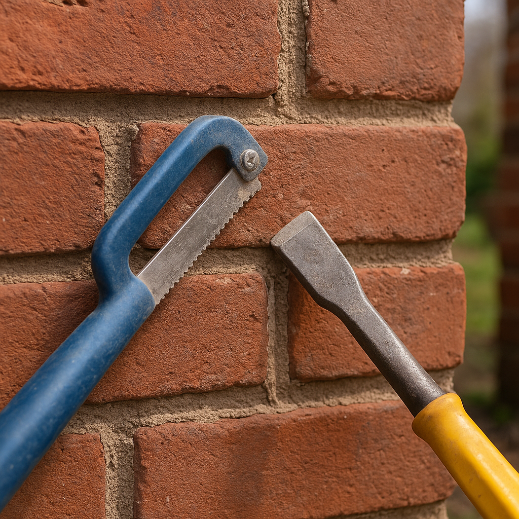 tuckpointing tools in use on brick wall - Brick Mortar Repair