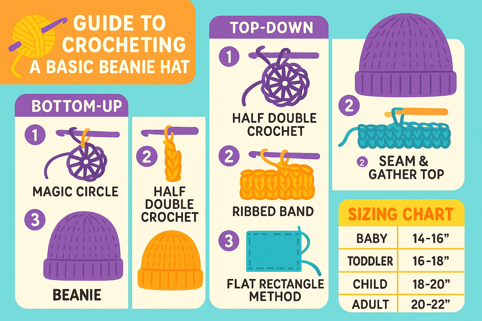 Step-by-step guide to crocheting a basic beanie hat, showing the three main construction methods (top-down with magic circle, bottom-up with a ribbed band, and flat rectangle method), basic stitches needed, and sizing guidelines for different age groups from baby to adult - crochet hats tutorial infographic