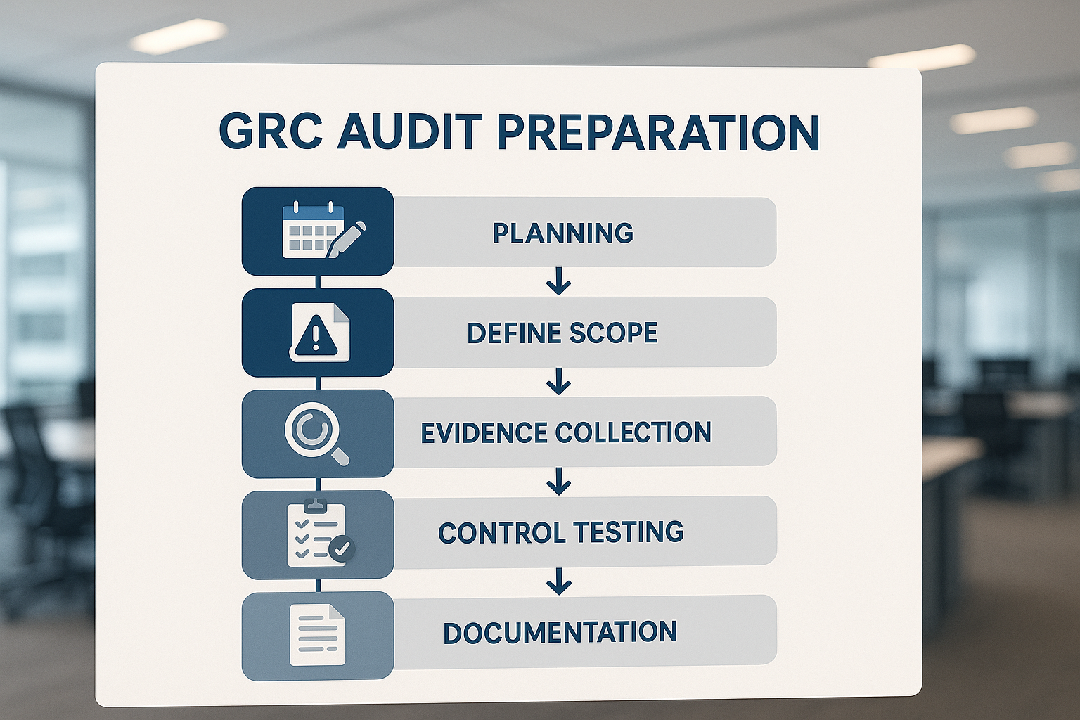 GRC audit preparation steps showing a flowchart with planning, scope definition, risk assessment, evidence collection, control testing, and documentation phases - grc audit management