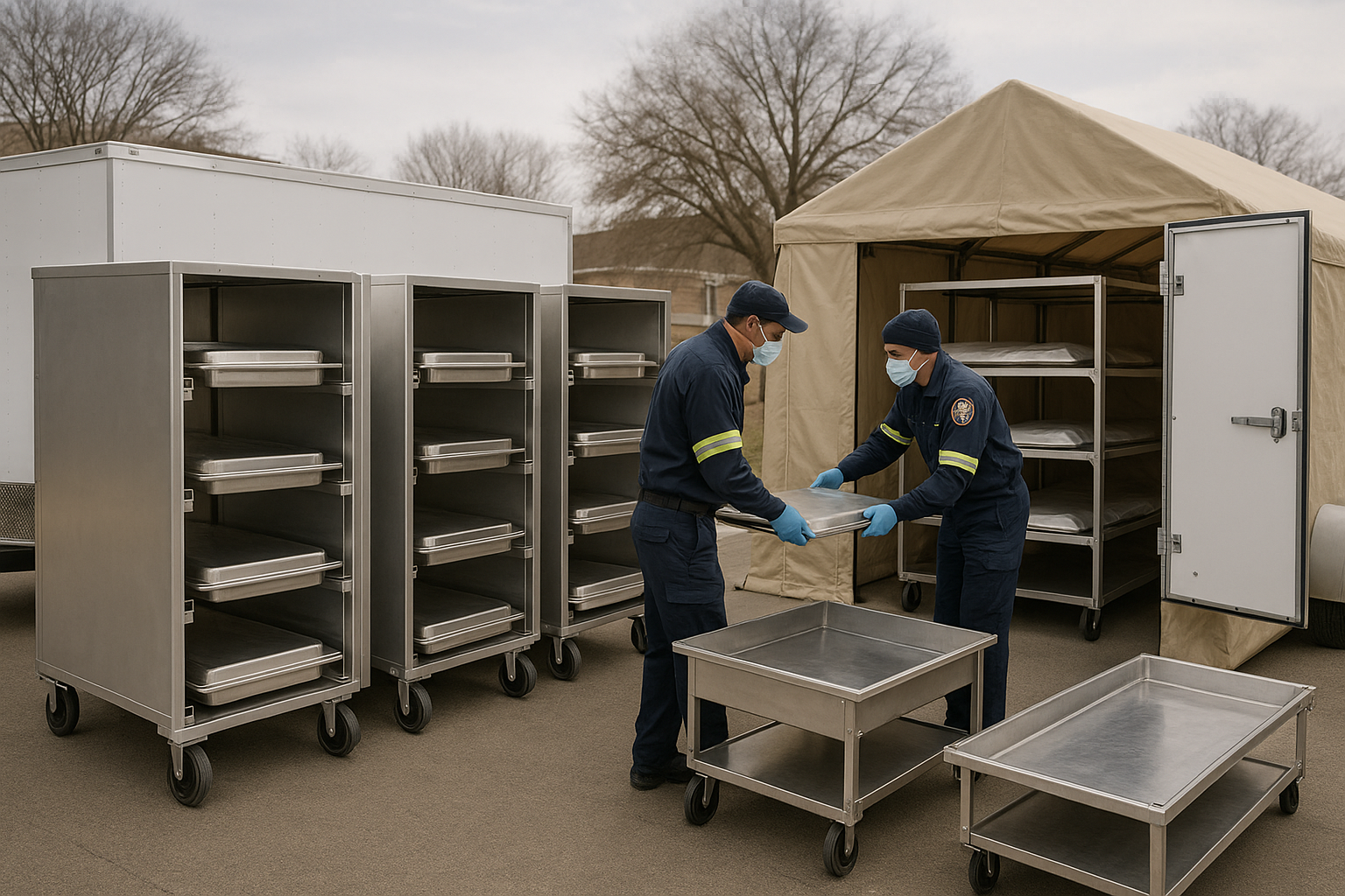 Temporary mortuary storage setup with portable units and quick-assembly components - Mortuary storage solutions
