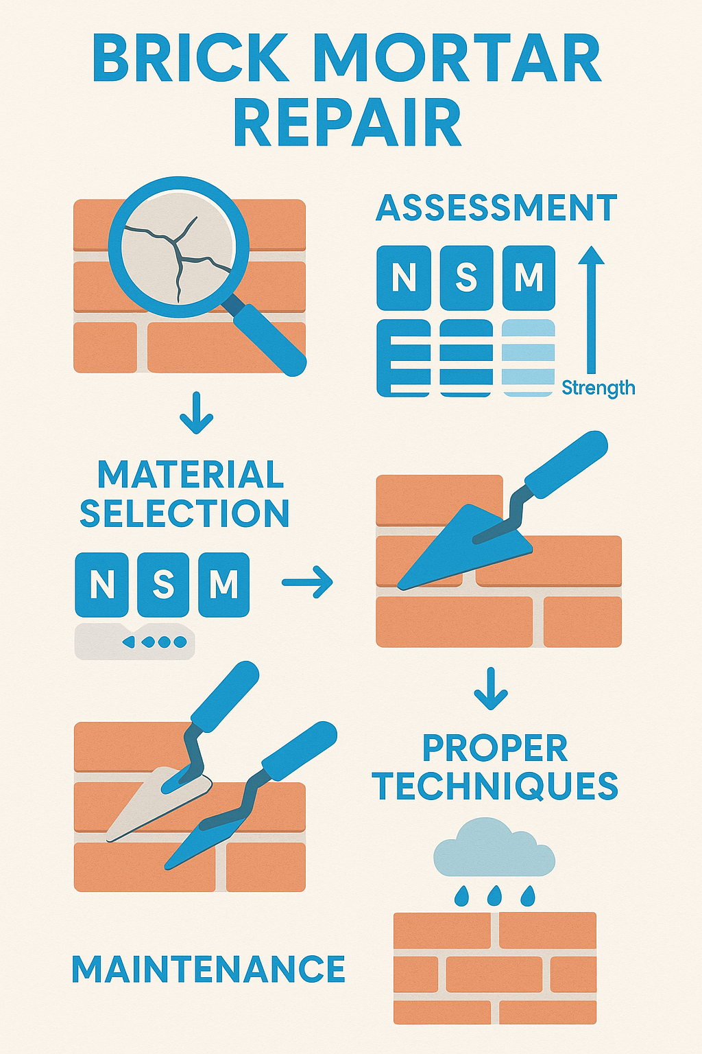 Summary of brick mortar repair steps including assessment, material selection, proper techniques, and maintenance, with product recommendations for each stage - Brick Mortar Repair infographic 