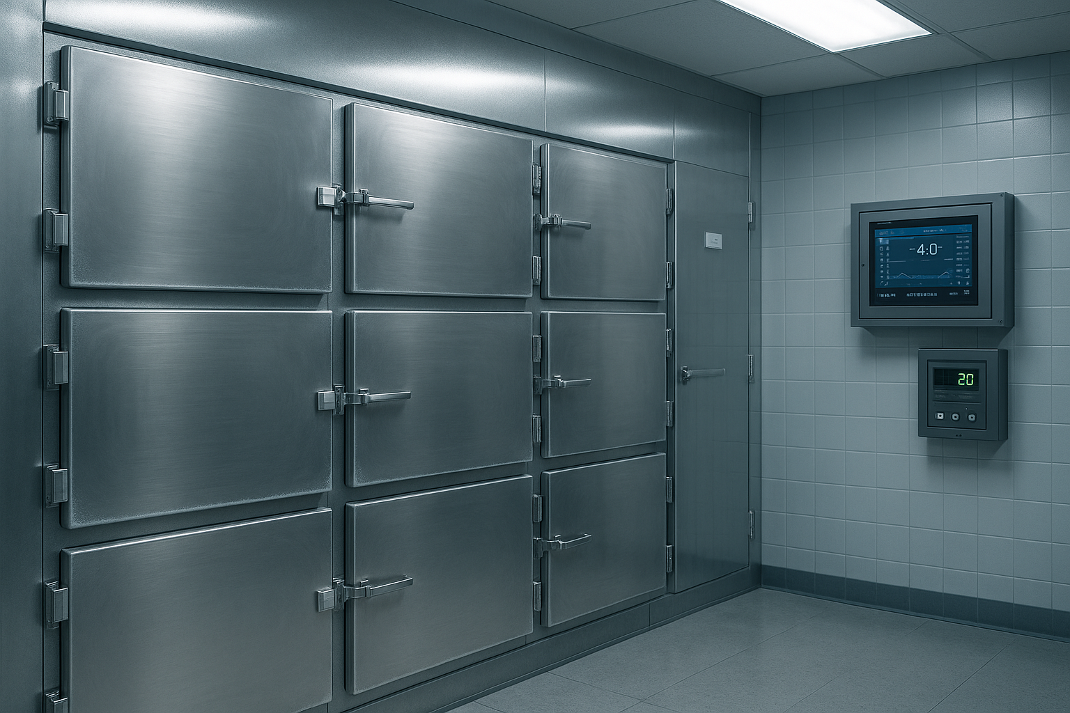 Interior of a modern body freezer morgue with multiple compartments - body freezer morgue