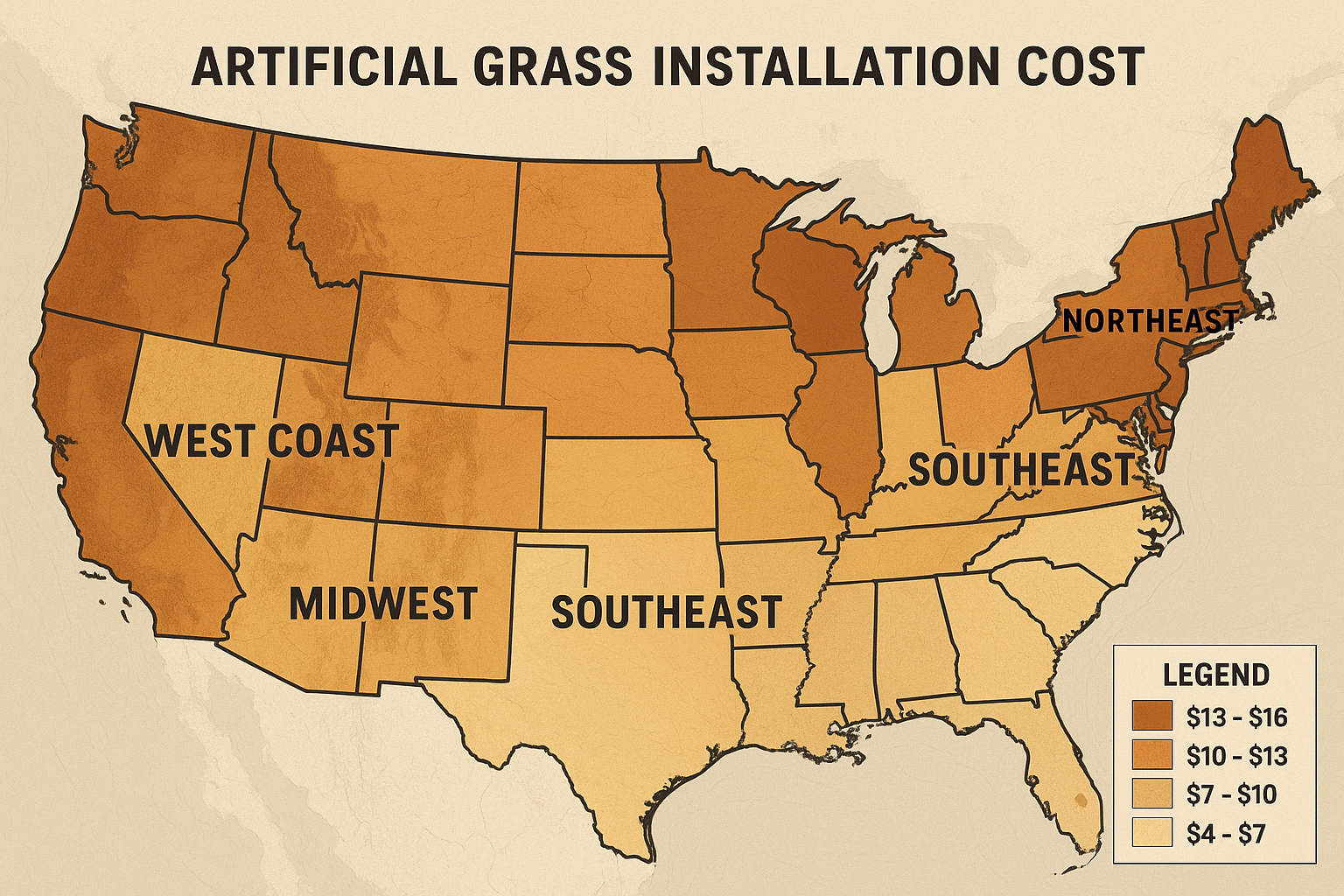 map showing regional cost variations for artificial grass installation across the United States - artificial grass estimate cost