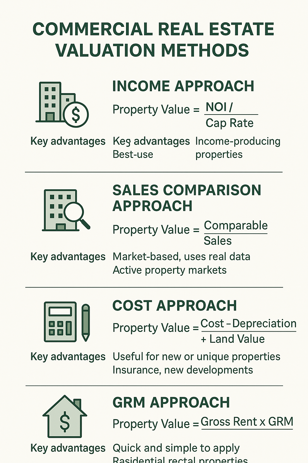 Comparison of commercial real estate valuation methods showing Income Approach, Sales Comparison Approach, Cost Approach, and GRM Approach with formulas, advantages, and best-use scenarios for each method - commercial building for sale infographic 