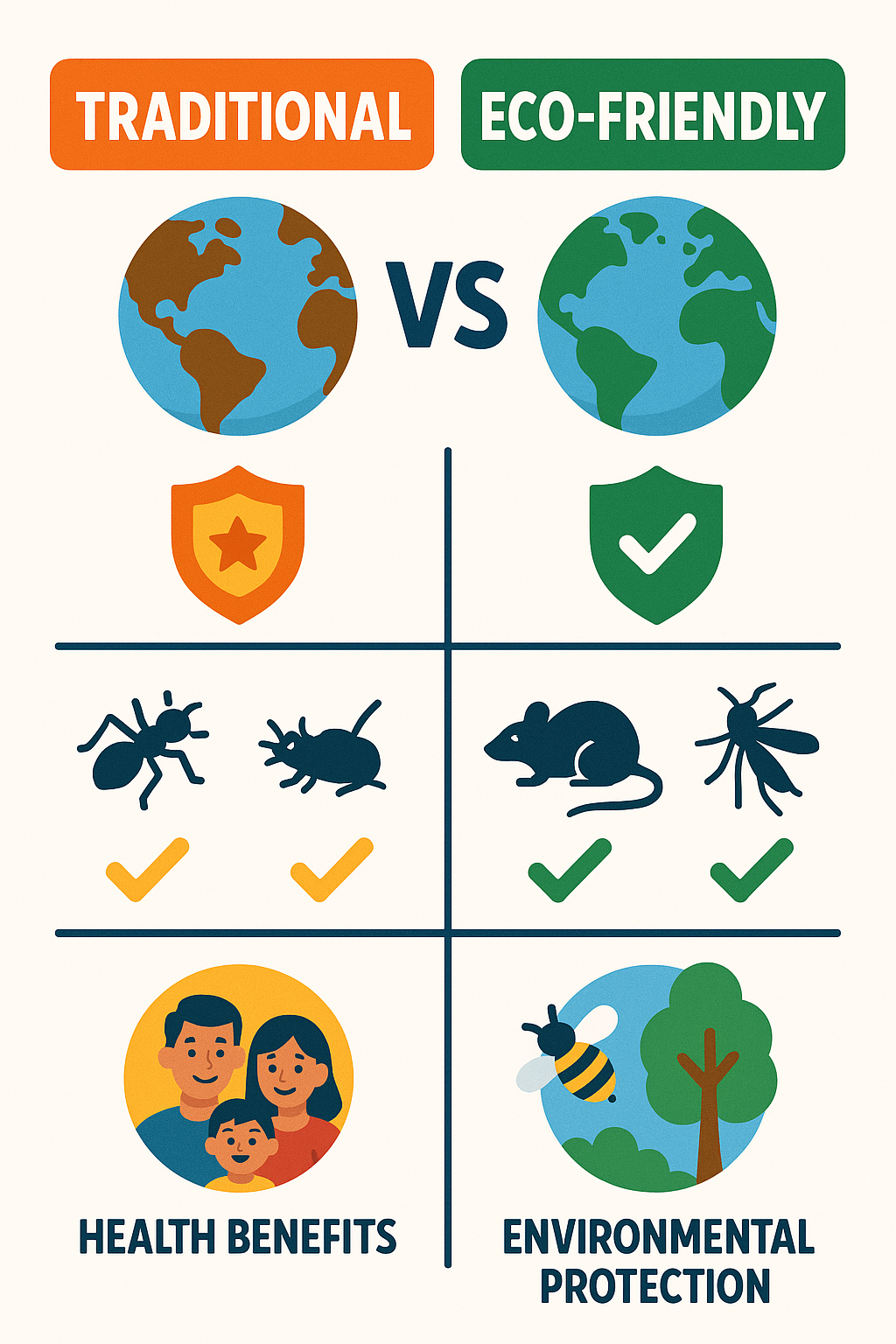 Comparison of traditional versus eco-friendly pest control methods showing environmental impact, safety ratings, and effectiveness for different pest types - affordable exterminator infographic