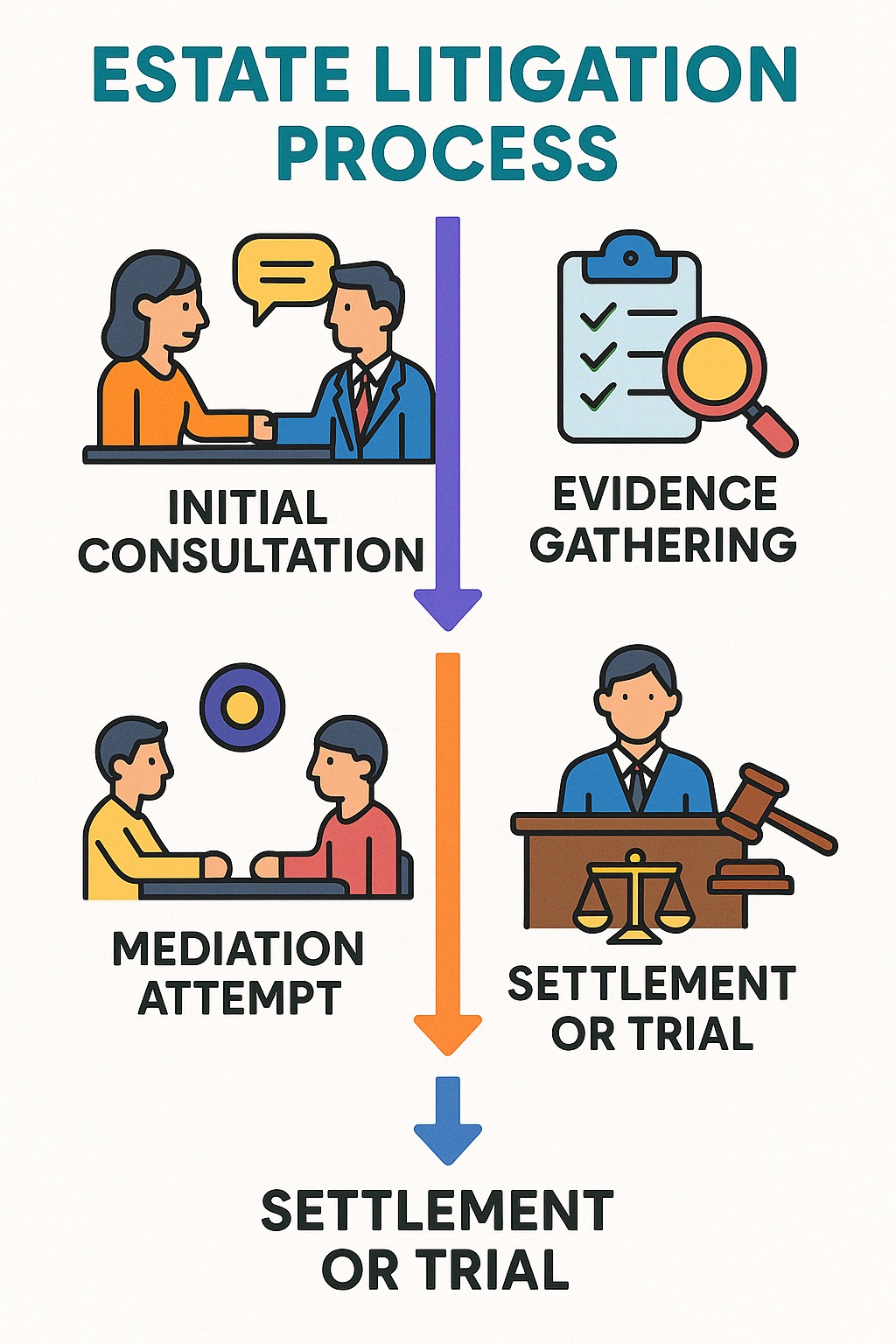 Estate Litigation Process showing the steps from initial consultation through settlement or trial, including evidence gathering, mediation attempts, and court proceedings - Estate litigation attorney infographic 