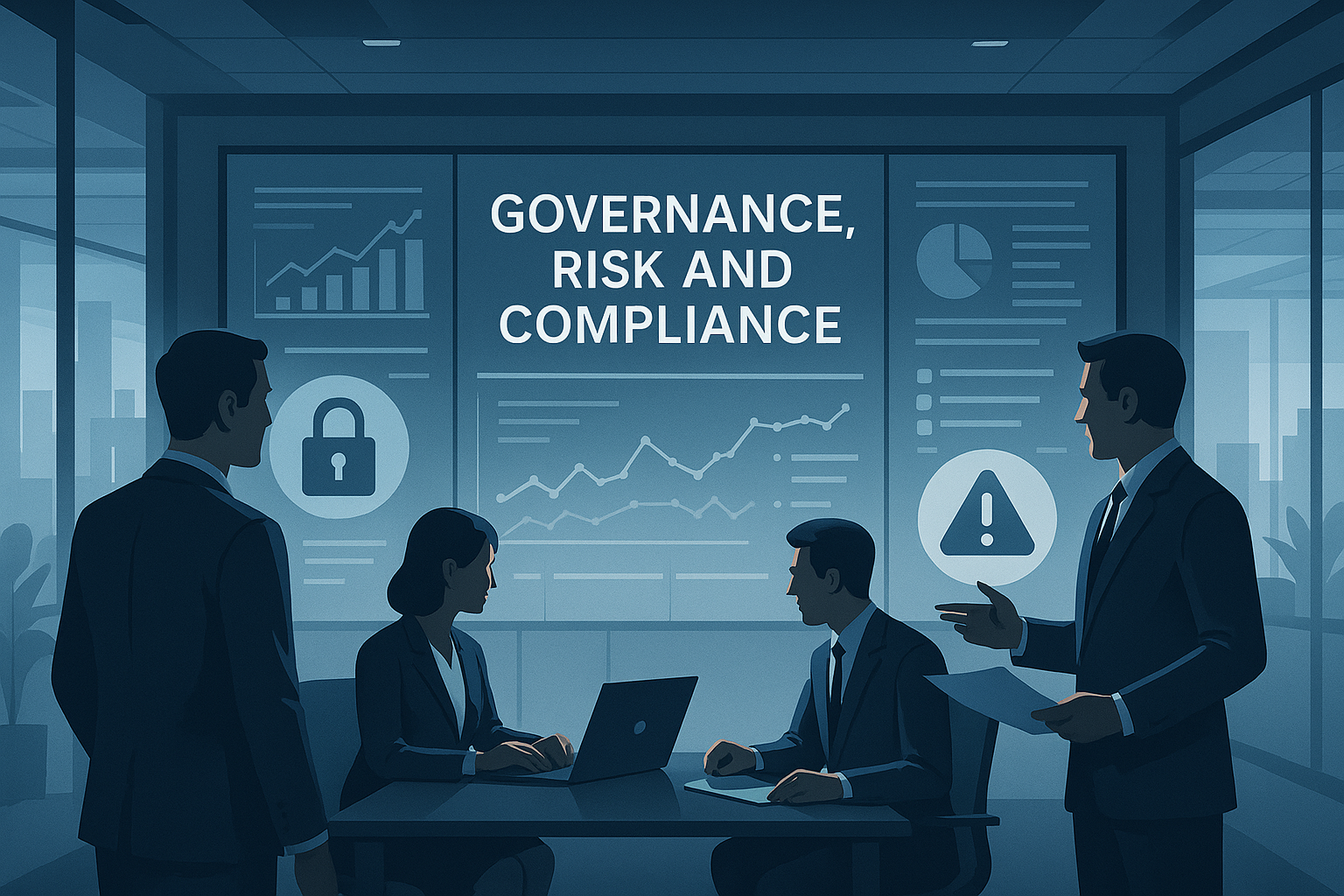 GRC software interface showing dashboard with risk metrics and compliance status - governance risk and compliance framework