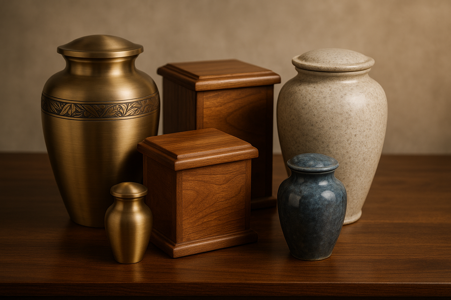 Various types of cremation urns including metal, wood, and ceramic designs - cremation urns