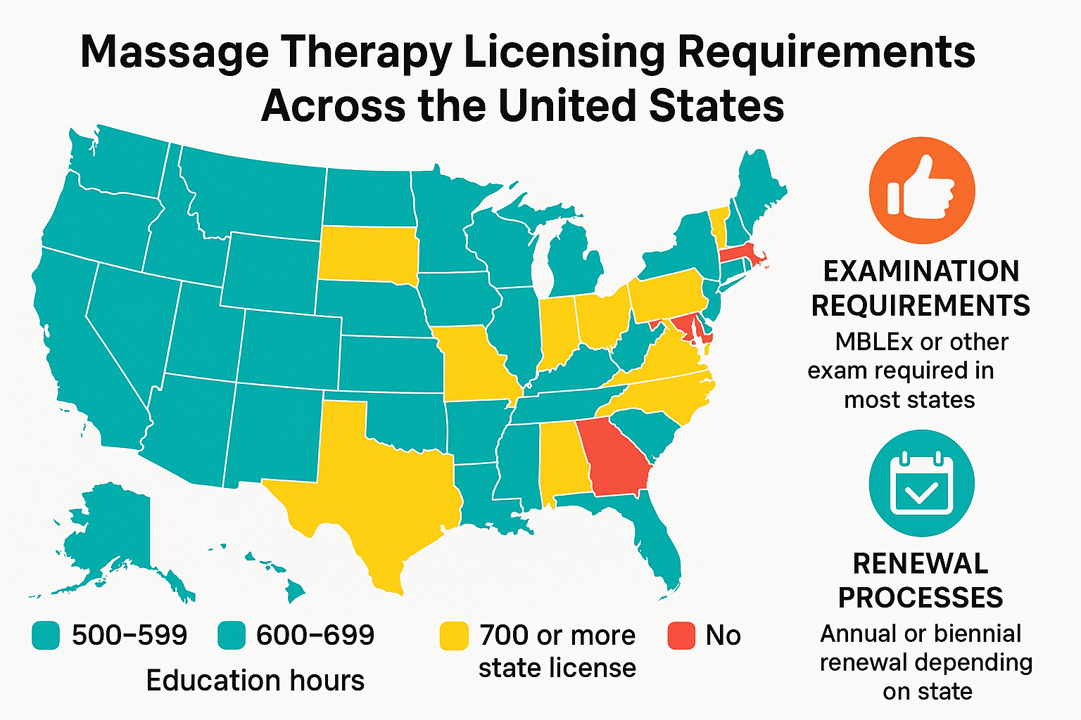 Massage Therapy Licensing Requirements Across the United States showing education hours, examination requirements, and renewal processes by state - Licensed massage therapist infographic 