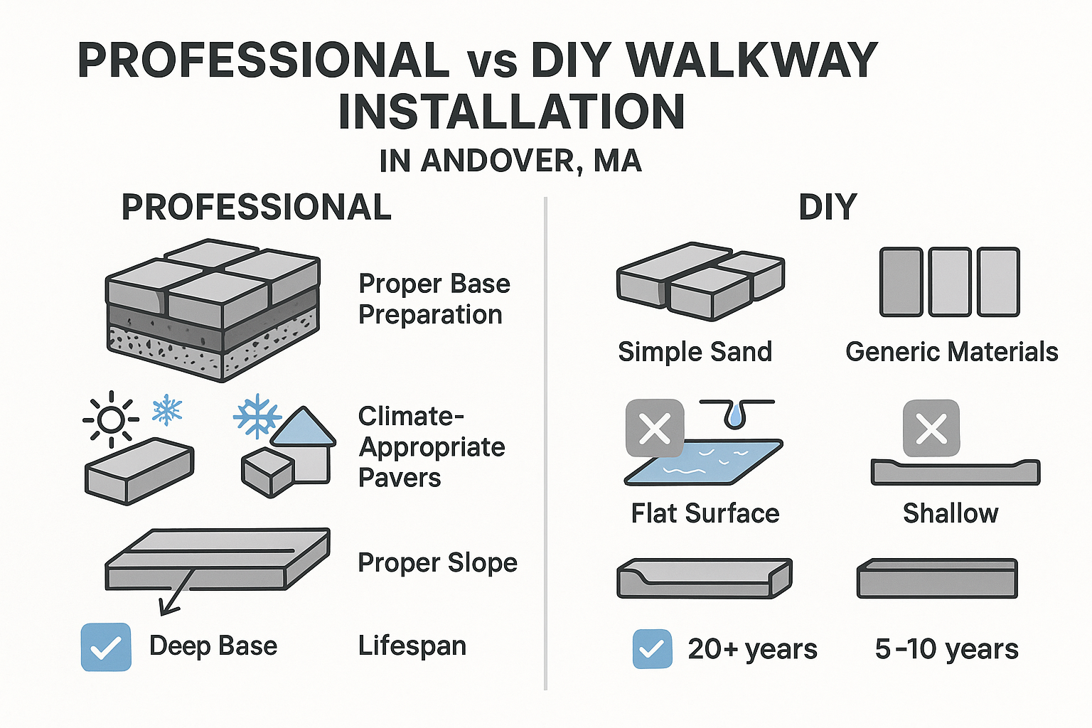 Benefits of professional walkway installation showing comparison between DIY and professional installation, including proper base preparation, material selection based on climate, drainage solutions, frost protection techniques, and expected lifespan of installations in Andover's climate - Walkway Installer Andover MA infographic 