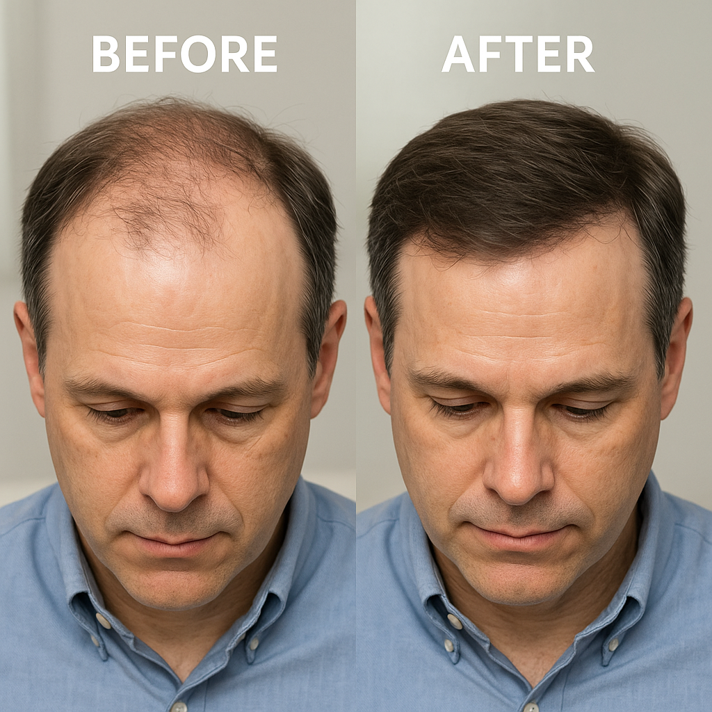 before and after results of LLLT treatment showing hair regrowth - hair loss laser treatment near me