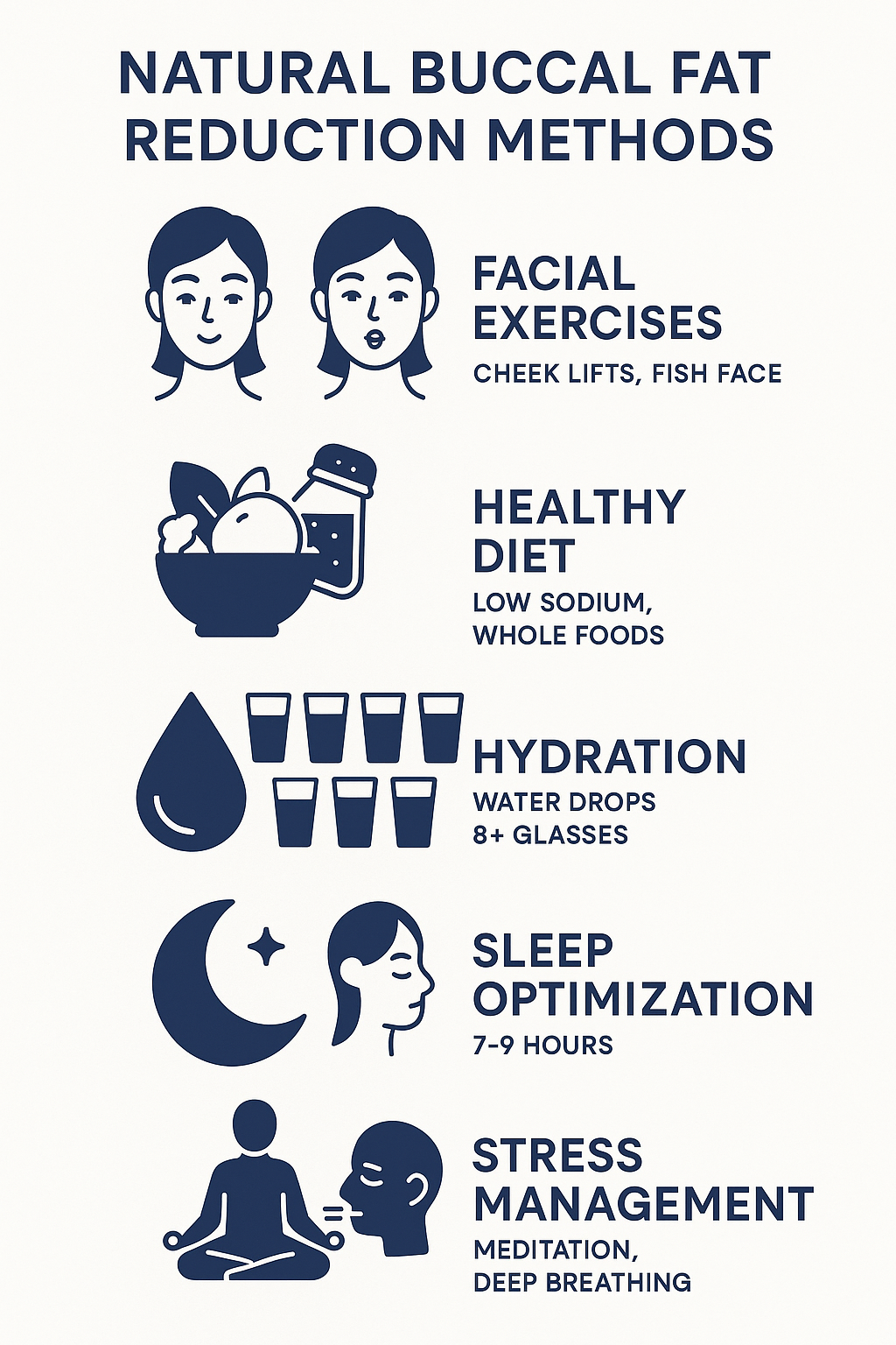 Natural methods for buccal fat reduction including facial exercises, dietary changes, hydration techniques, sleep optimization, and stress management strategies - buccal fat removal naturally infographic 