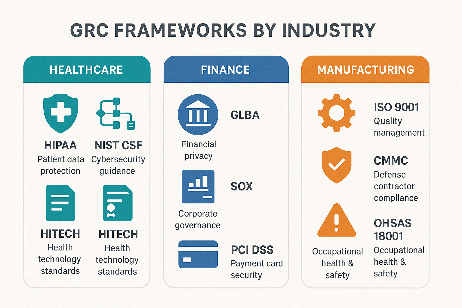 Various GRC frameworks categorized by industry and application - governance risk and compliance framework
