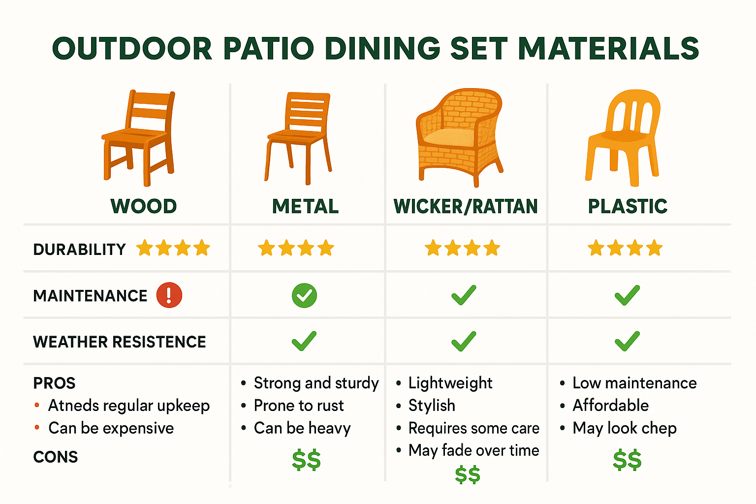 Comparison of outdoor patio dining set materials showing durability ratings, maintenance requirements, weather resistance, and price ranges for wood, metal, wicker/rattan and plastic options with pros and cons of each material type - outdoor patio table and chairs infographic 