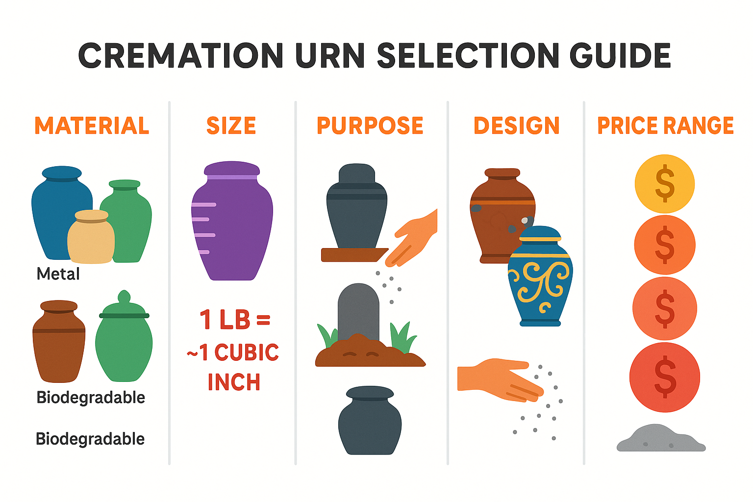 Infographic showing cremation urn selection guide with five columns: Material (showing options from metal to biodegradable), Size (with capacity calculations), Purpose (home display, burial, scattering), Design (traditional to artistic), and Price Range (budget to premium) - cremation urns infographic 