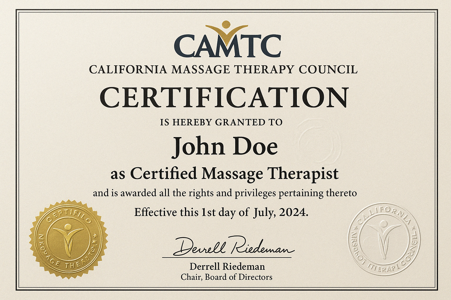 CAMTC certification document - Licensed massage therapist