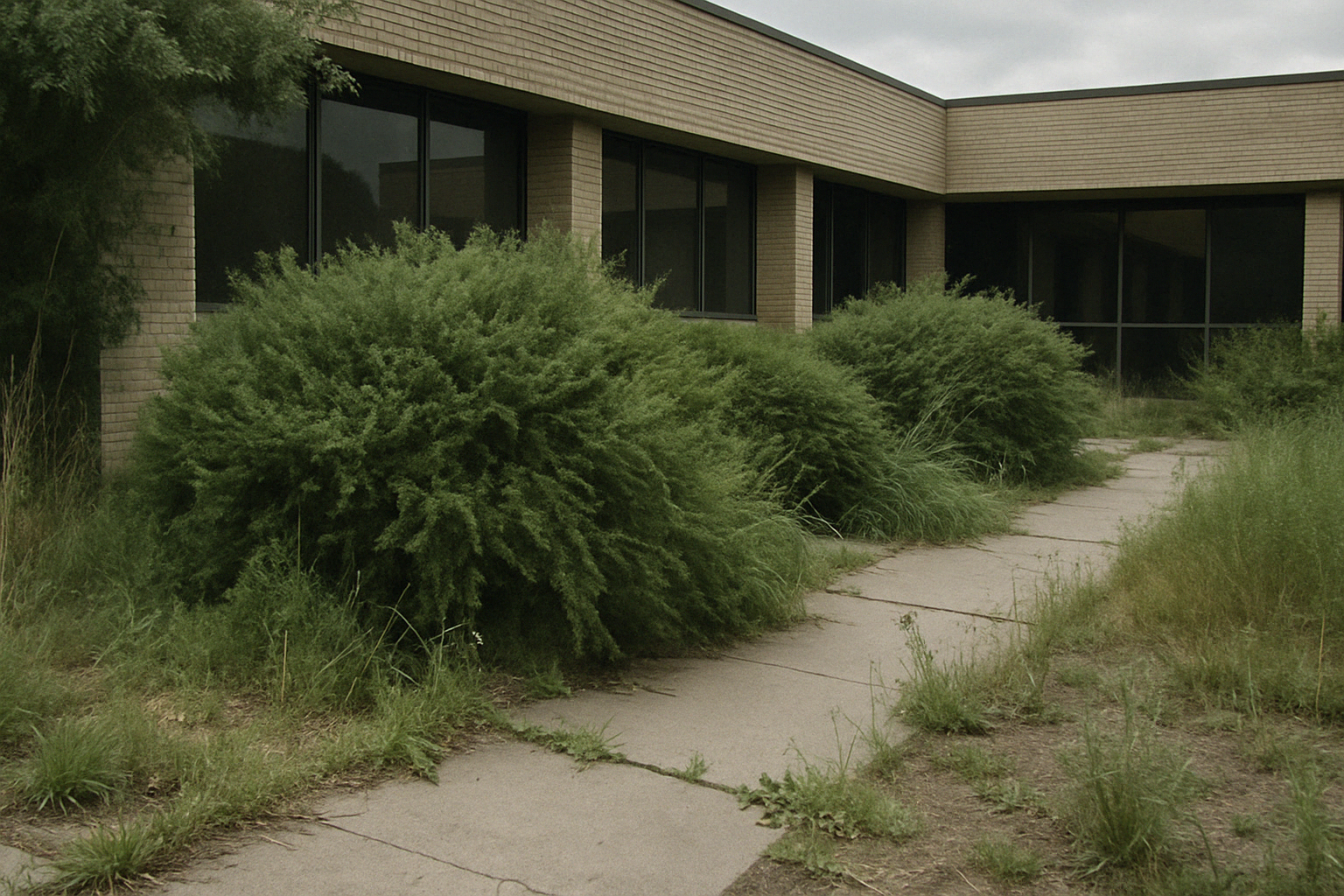poorly maintained commercial landscape with overgrown shrubs - commercial building landscaping