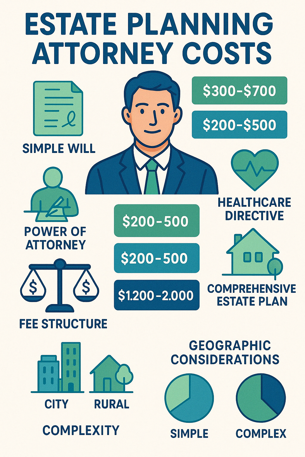 Breakdown of estate planning attorney costs showing different service types, fee structures, geographic considerations, and complexity factors affecting overall price - estate planning attorney cost infographic 