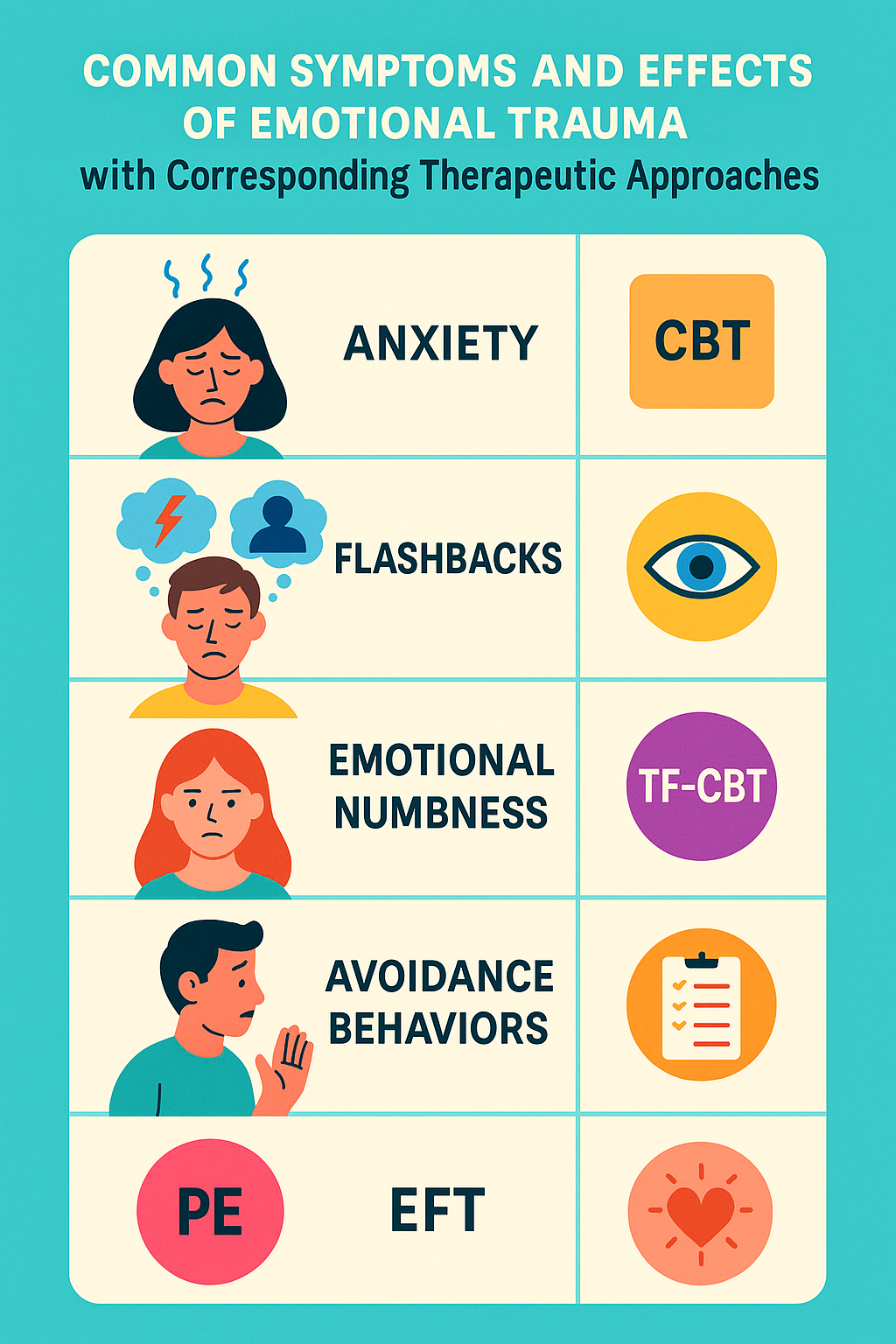 Common symptoms and effects of emotional trauma with corresponding therapeutic approaches - therapy for emotional trauma infographic 