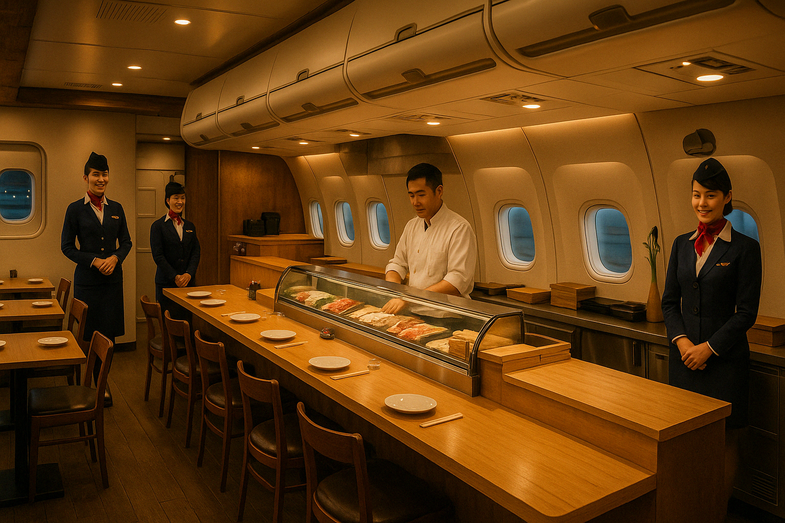airplane-themed restaurant interior with sushi bar - unique dining spots